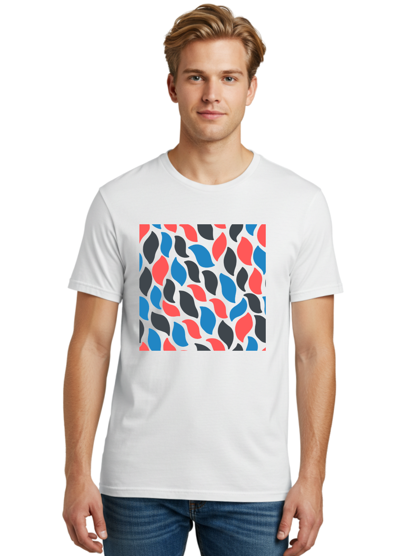 Red-Blue-Black-Leaves Men'S Graphic Tee, 100% Cotton, Comfortable Casual Summer Wear, Machine Washable, Colorful Leaf Pattern, Abstract Design, Red Blue Black Leaves, Vibrant Colors, Modern Art, Leaf Motif, Graphic Design, Creative Pattern, Aab781