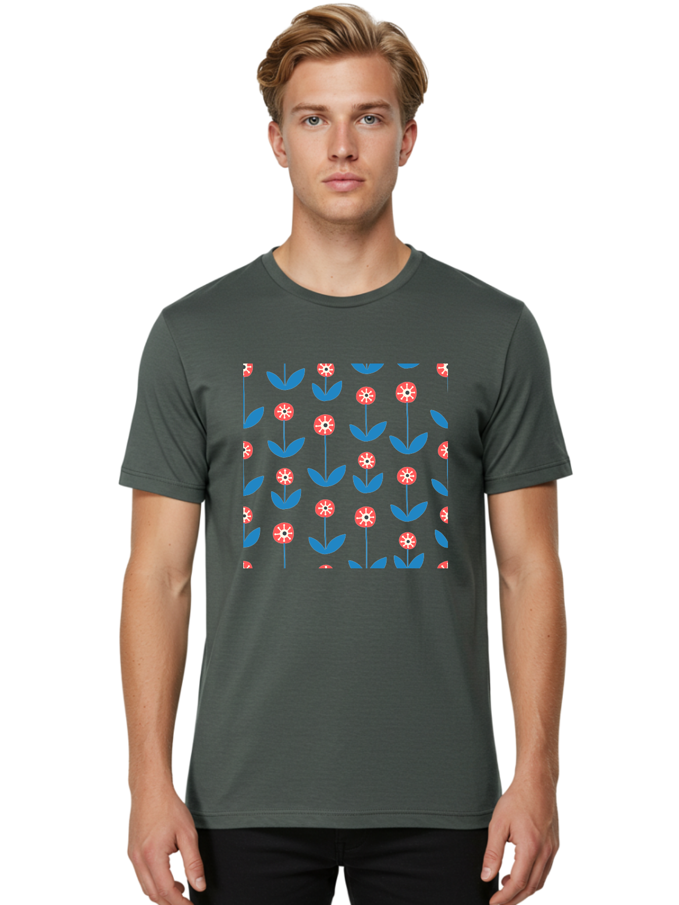 Red-Floral-Pattern Men'S Graphic Tee, 100% Cotton, Comfortable Casual Summer Wear, Machine Washable, Pink Flowers, Blue Leaves, Floral Pattern, Repeating Design, Vibrant Flowers, Colorful Blooms, Stylized Flora Aab782