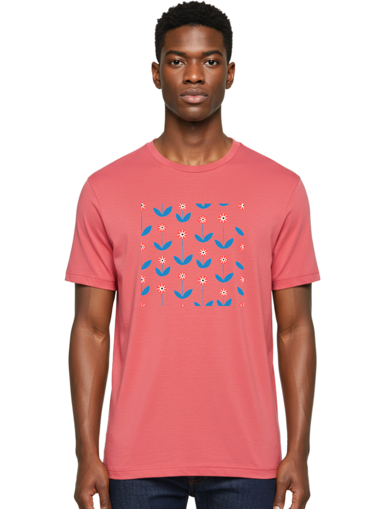 Red-Floral-Pattern Men'S Graphic Tee, 100% Cotton, Comfortable Casual Summer Wear, Machine Washable, Pink Flowers, Blue Leaves, Floral Pattern, Repeating Design, Vibrant Flowers, Colorful Blooms, Stylized Flora Aab782