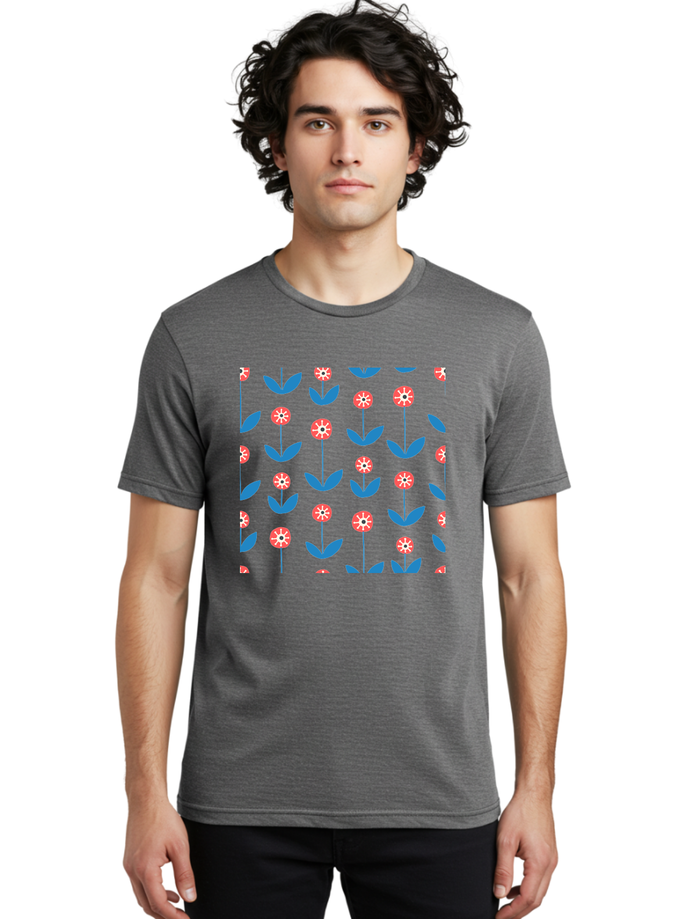 Red-Floral-Pattern Men'S Graphic Tee, 100% Cotton, Comfortable Casual Summer Wear, Machine Washable, Pink Flowers, Blue Leaves, Floral Pattern, Repeating Design, Vibrant Flowers, Colorful Blooms, Stylized Flora Aab782