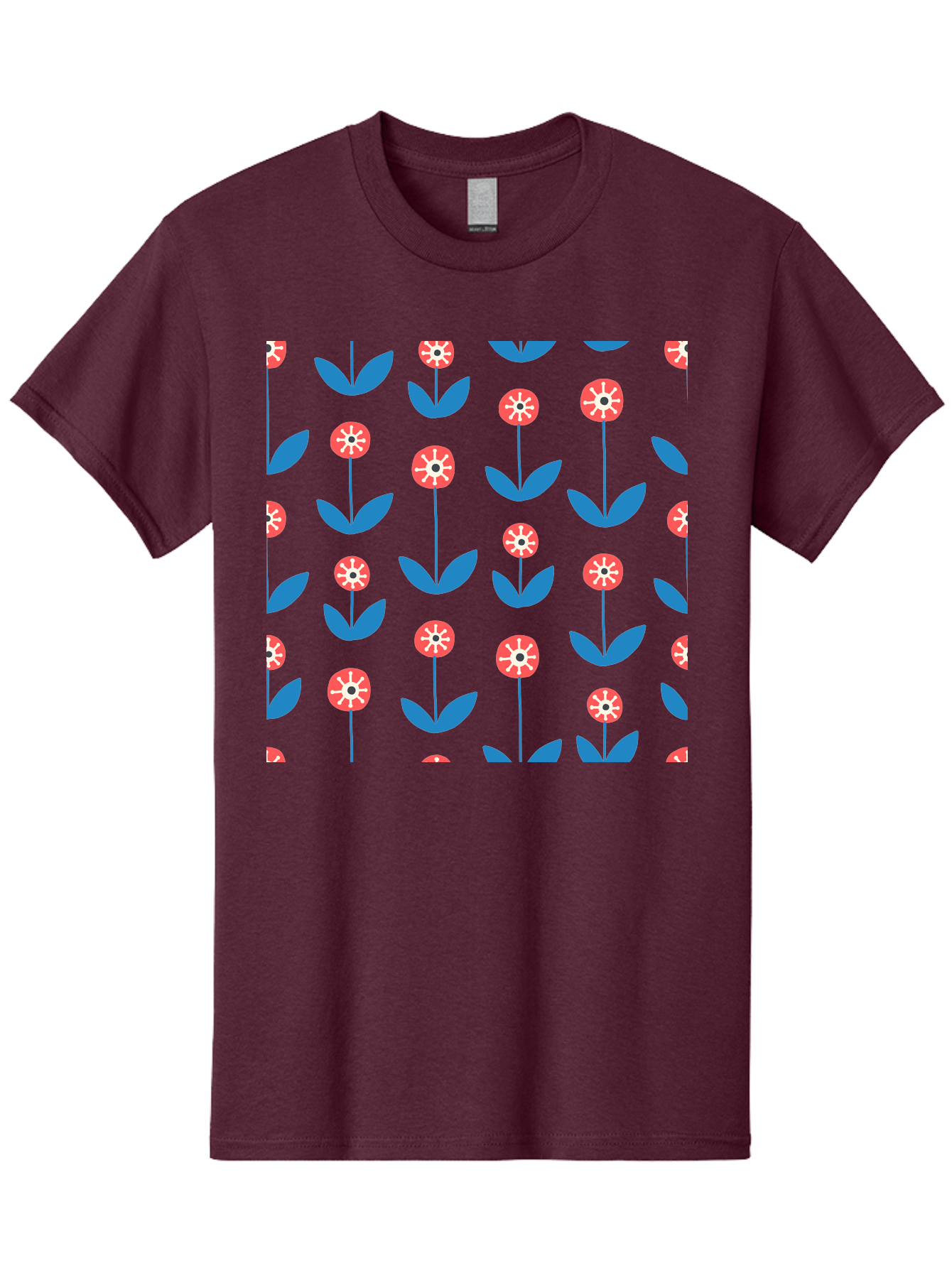 Red-Floral-Pattern Men'S Graphic Tee, 100% Cotton, Comfortable Casual Summer Wear, Machine Washable, Pink Flowers, Blue Leaves, Floral Pattern, Repeating Design, Vibrant Flowers, Colorful Blooms, Stylized Flora Aab782