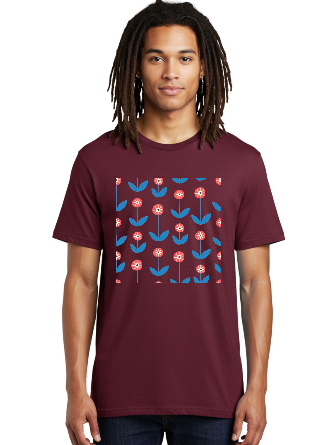 Red-Floral-Pattern Men'S Graphic Tee, 100% Cotton, Comfortable Casual Summer Wear, Machine Washable, Pink Flowers, Blue Leaves, Floral Pattern, Repeating Design, Vibrant Flowers, Colorful Blooms, Stylized Flora Aab782