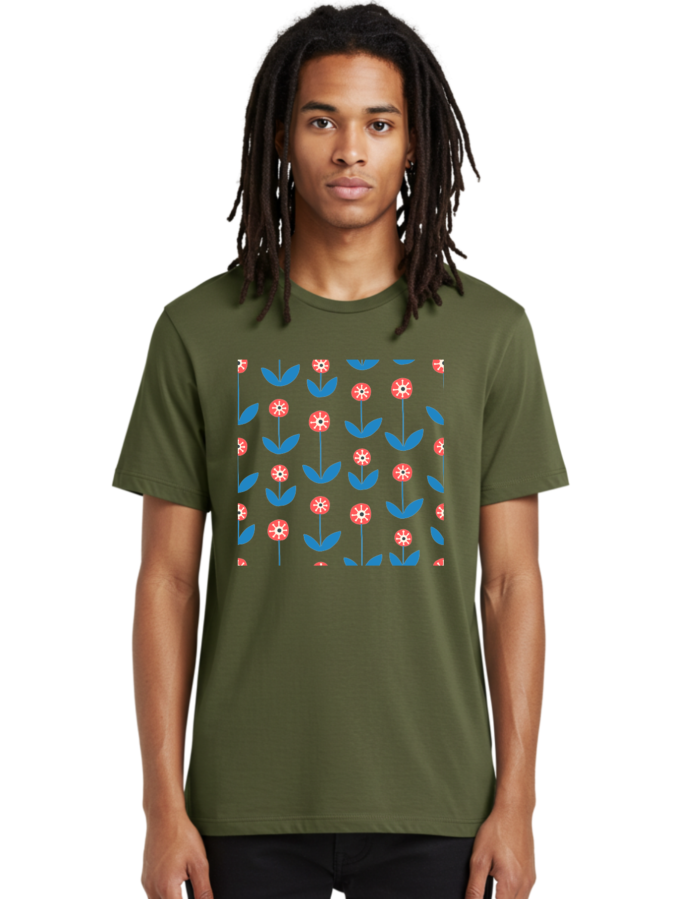Red-Floral-Pattern Men'S Graphic Tee, 100% Cotton, Comfortable Casual Summer Wear, Machine Washable, Pink Flowers, Blue Leaves, Floral Pattern, Repeating Design, Vibrant Flowers, Colorful Blooms, Stylized Flora Aab782