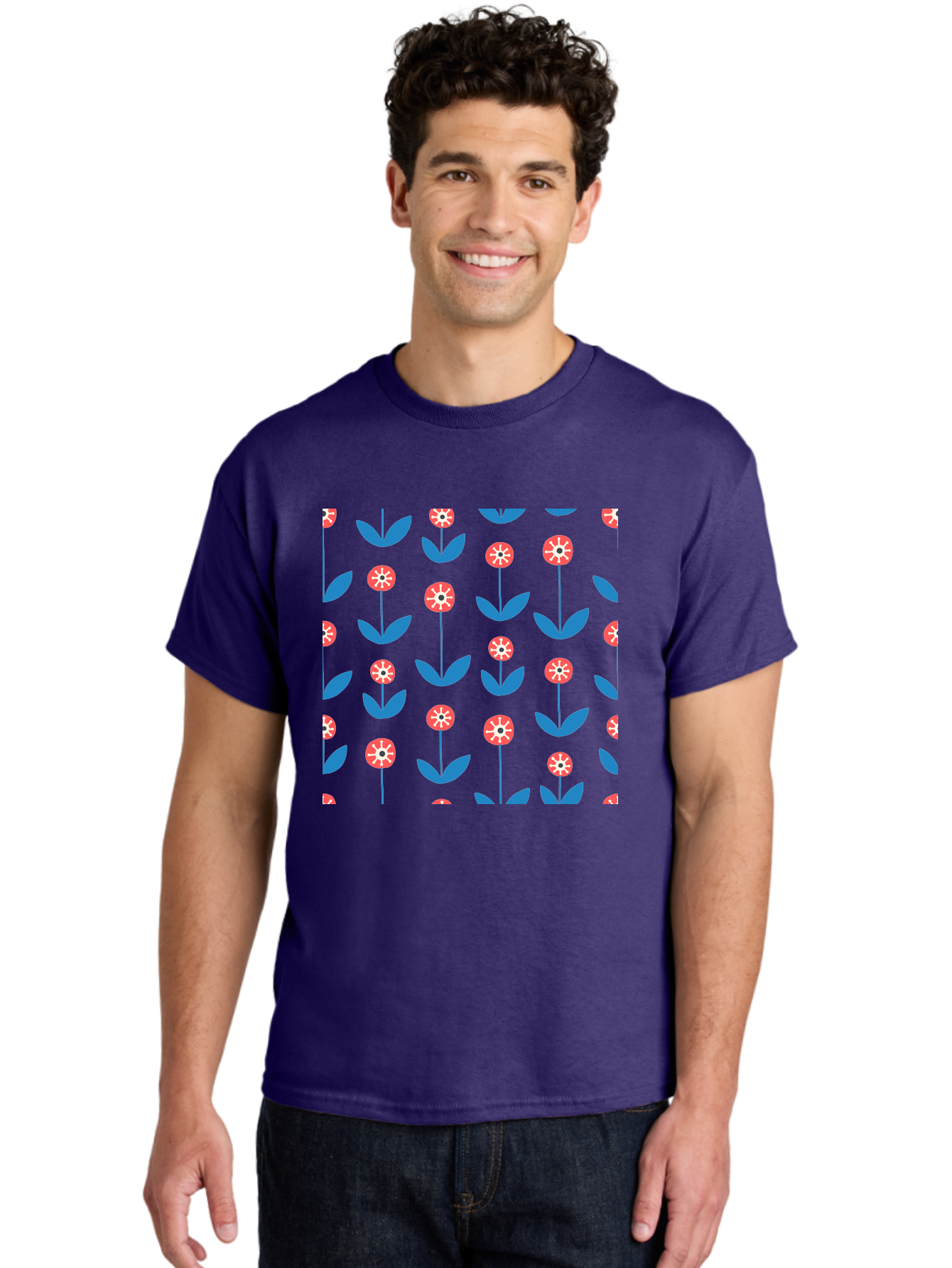Red-Floral-Pattern Men'S Graphic Tee, 100% Cotton, Comfortable Casual Summer Wear, Machine Washable, Pink Flowers, Blue Leaves, Floral Pattern, Repeating Design, Vibrant Flowers, Colorful Blooms, Stylized Flora Aab782