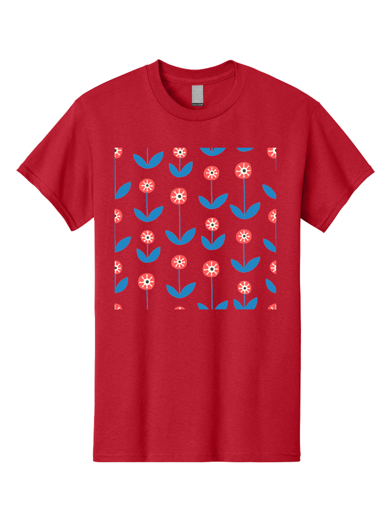 Red-Floral-Pattern Men'S Graphic Tee, 100% Cotton, Comfortable Casual Summer Wear, Machine Washable, Pink Flowers, Blue Leaves, Floral Pattern, Repeating Design, Vibrant Flowers, Colorful Blooms, Stylized Flora Aab782