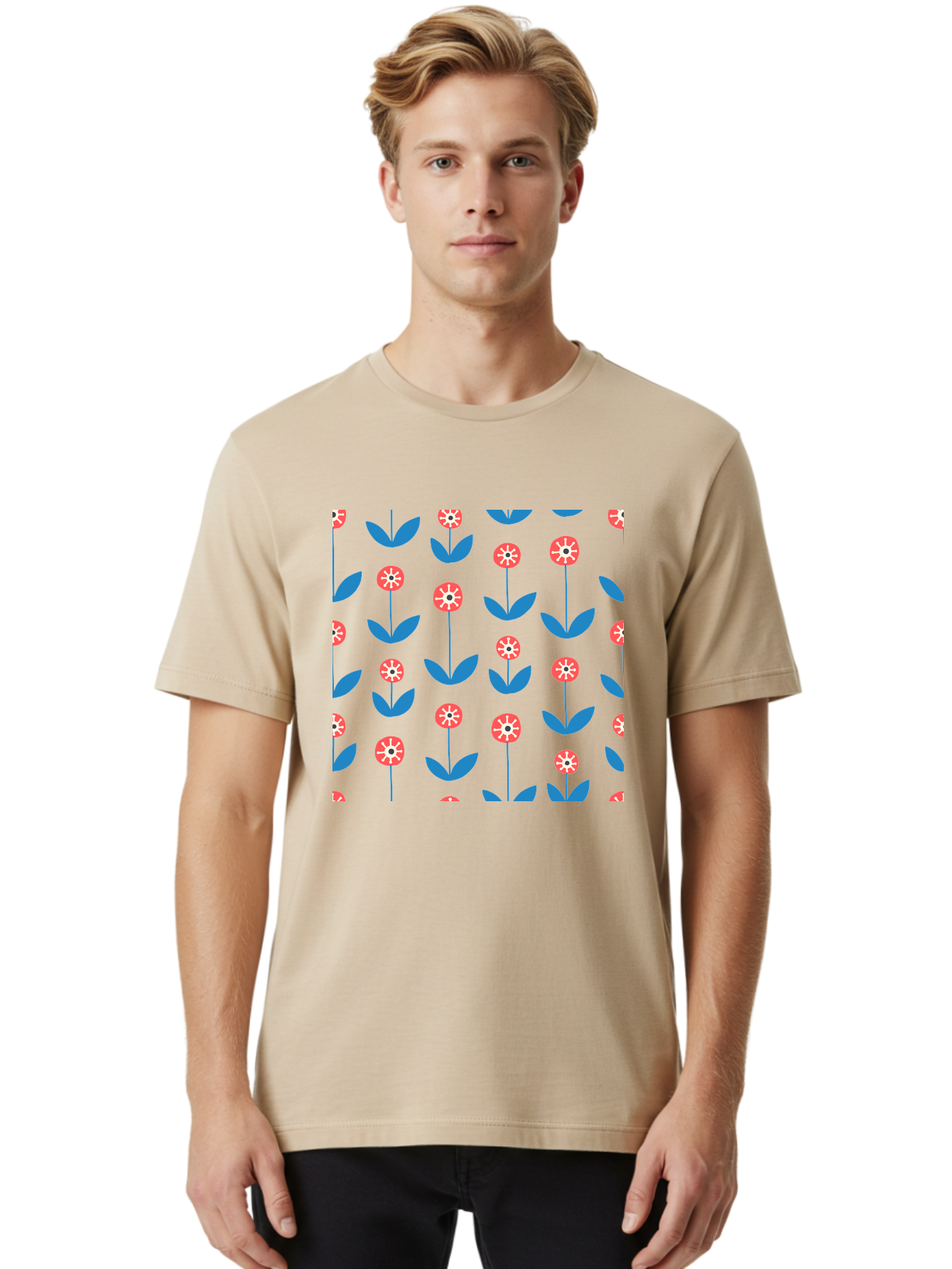 Red-Floral-Pattern Men'S Graphic Tee, 100% Cotton, Comfortable Casual Summer Wear, Machine Washable, Pink Flowers, Blue Leaves, Floral Pattern, Repeating Design, Vibrant Flowers, Colorful Blooms, Stylized Flora Aab782