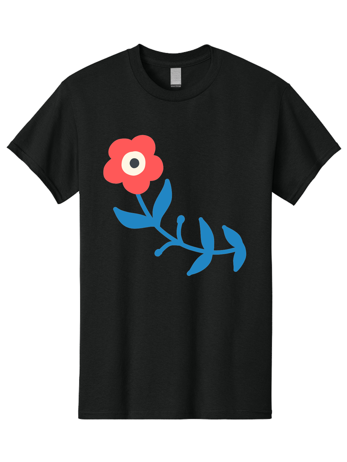 Red-Flower-With-Eye Men'S Graphic Tee, 100% Cotton, Comfortable Casual Summer Wear, Machine Washable, Stylized Red Flower, Blue Leaves, Floral Design, Abstract Art, Surrealism, Creative Expression, Unique Graphic, Simple Shapes, Bold Colors, Aab783