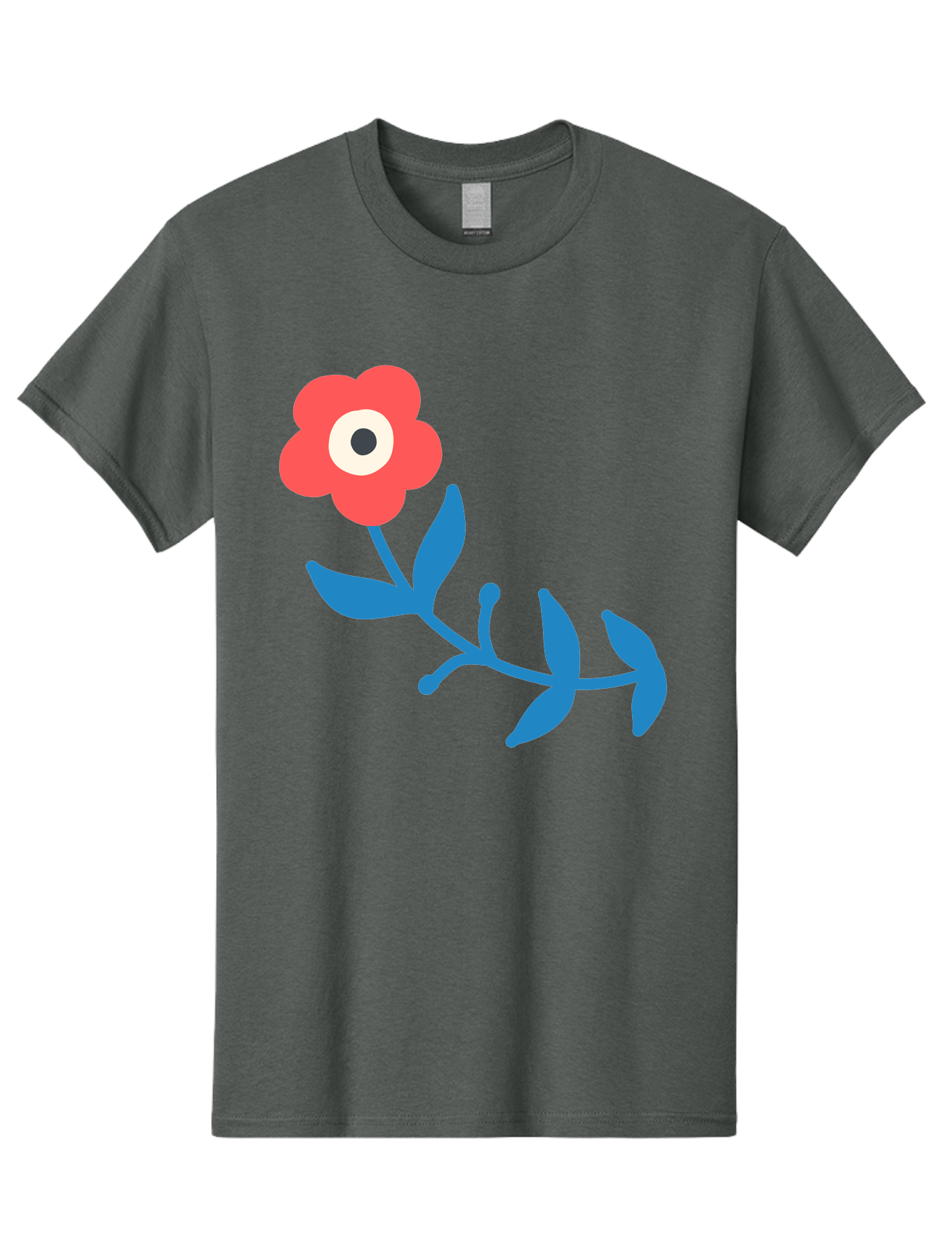 Red-Flower-With-Eye Men'S Graphic Tee, 100% Cotton, Comfortable Casual Summer Wear, Machine Washable, Stylized Red Flower, Blue Leaves, Floral Design, Abstract Art, Surrealism, Creative Expression, Unique Graphic, Simple Shapes, Bold Colors, Aab783