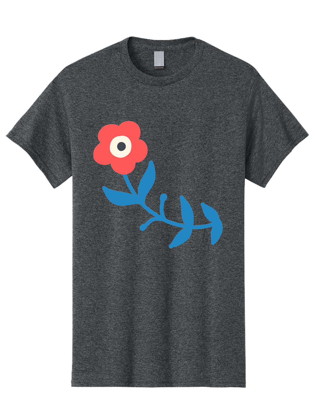Red-Flower-With-Eye Men'S Graphic Tee, 100% Cotton, Comfortable Casual Summer Wear, Machine Washable, Stylized Red Flower, Blue Leaves, Floral Design, Abstract Art, Surrealism, Creative Expression, Unique Graphic, Simple Shapes, Bold Colors, Aab783
