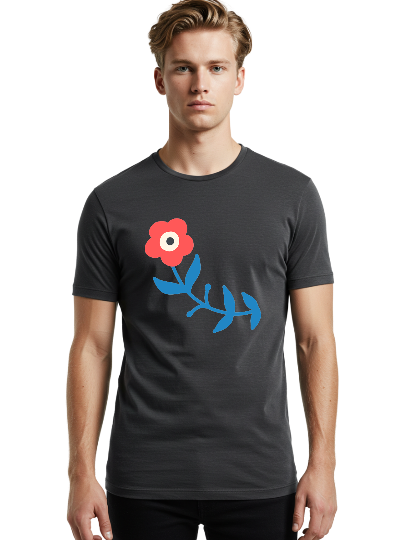 Red-Flower-With-Eye Men'S Graphic Tee, 100% Cotton, Comfortable Casual Summer Wear, Machine Washable, Stylized Red Flower, Blue Leaves, Floral Design, Abstract Art, Surrealism, Creative Expression, Unique Graphic, Simple Shapes, Bold Colors, Aab783