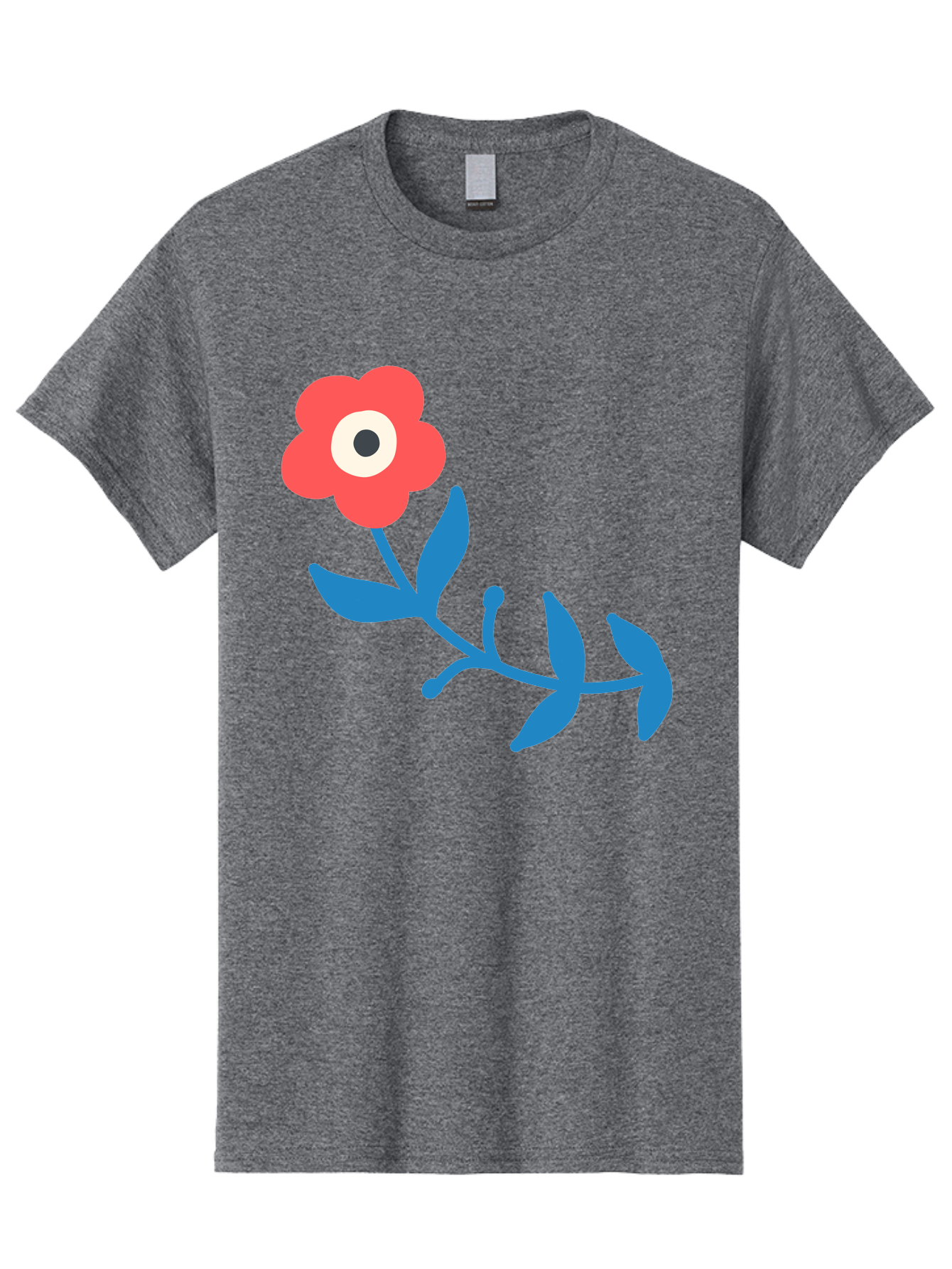 Red-Flower-With-Eye Men'S Graphic Tee, 100% Cotton, Comfortable Casual Summer Wear, Machine Washable, Stylized Red Flower, Blue Leaves, Floral Design, Abstract Art, Surrealism, Creative Expression, Unique Graphic, Simple Shapes, Bold Colors, Aab783