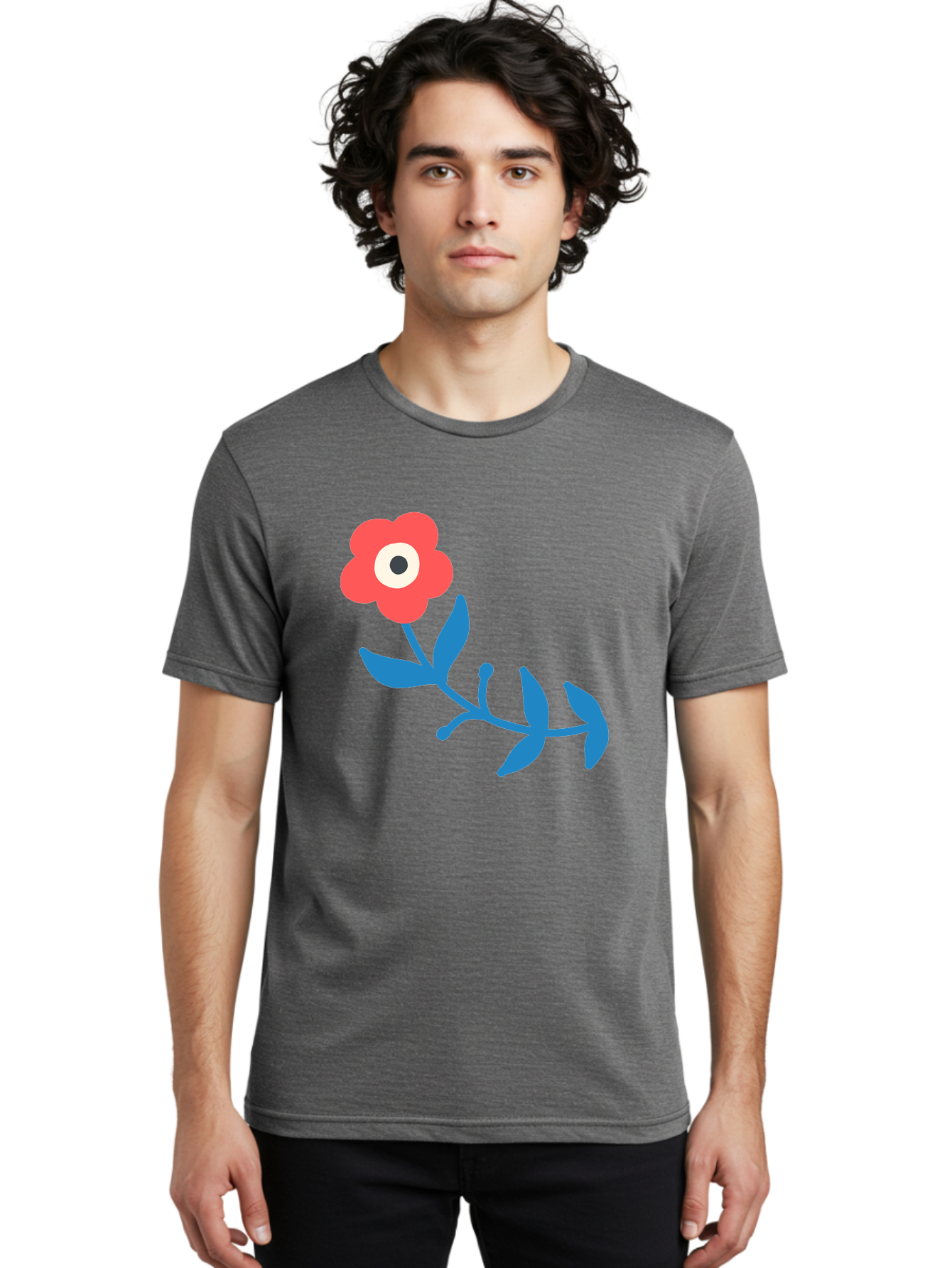 Red-Flower-With-Eye Men'S Graphic Tee, 100% Cotton, Comfortable Casual Summer Wear, Machine Washable, Stylized Red Flower, Blue Leaves, Floral Design, Abstract Art, Surrealism, Creative Expression, Unique Graphic, Simple Shapes, Bold Colors, Aab783