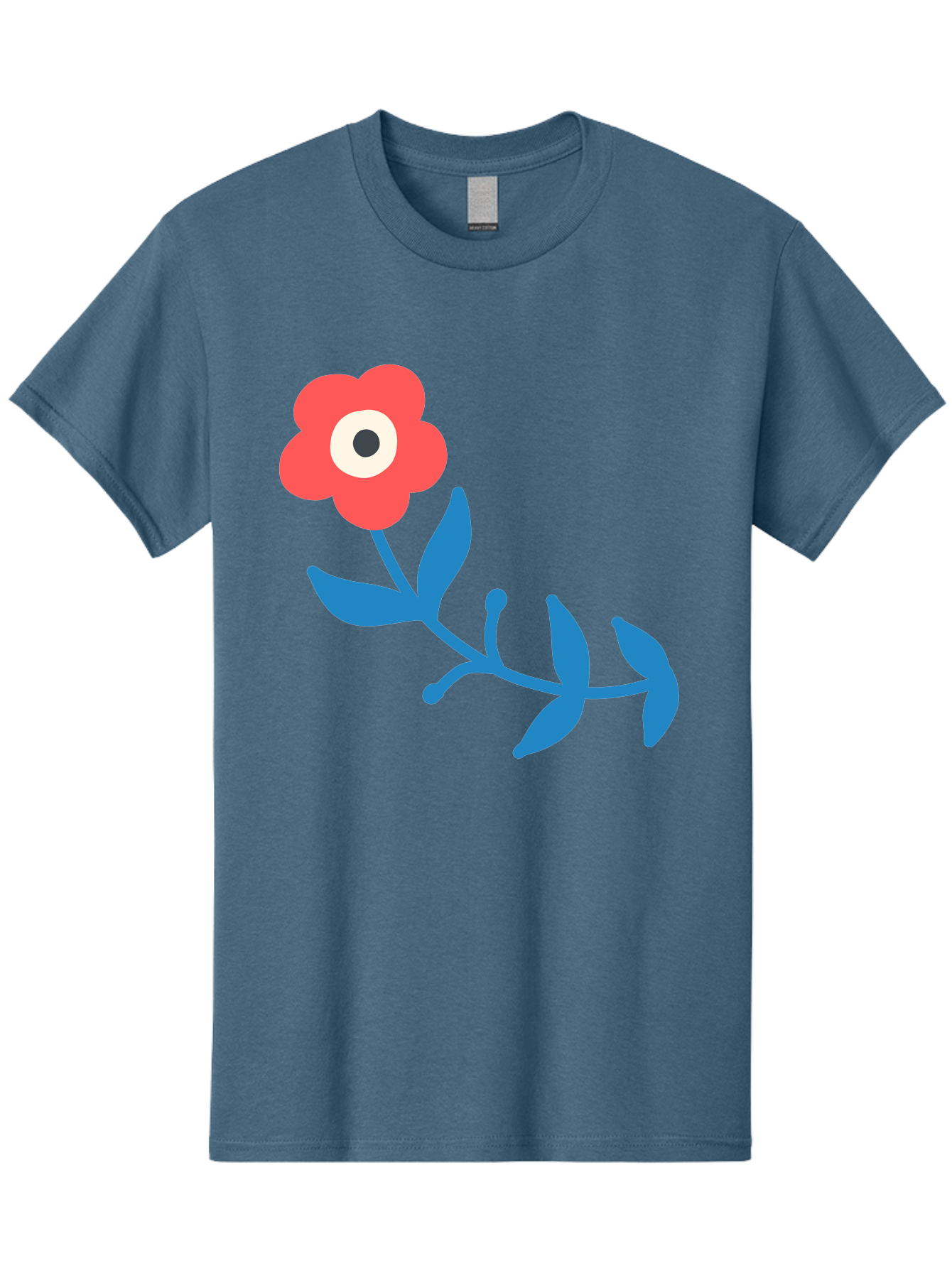 Red-Flower-With-Eye Men'S Graphic Tee, 100% Cotton, Comfortable Casual Summer Wear, Machine Washable, Stylized Red Flower, Blue Leaves, Floral Design, Abstract Art, Surrealism, Creative Expression, Unique Graphic, Simple Shapes, Bold Colors, Aab783