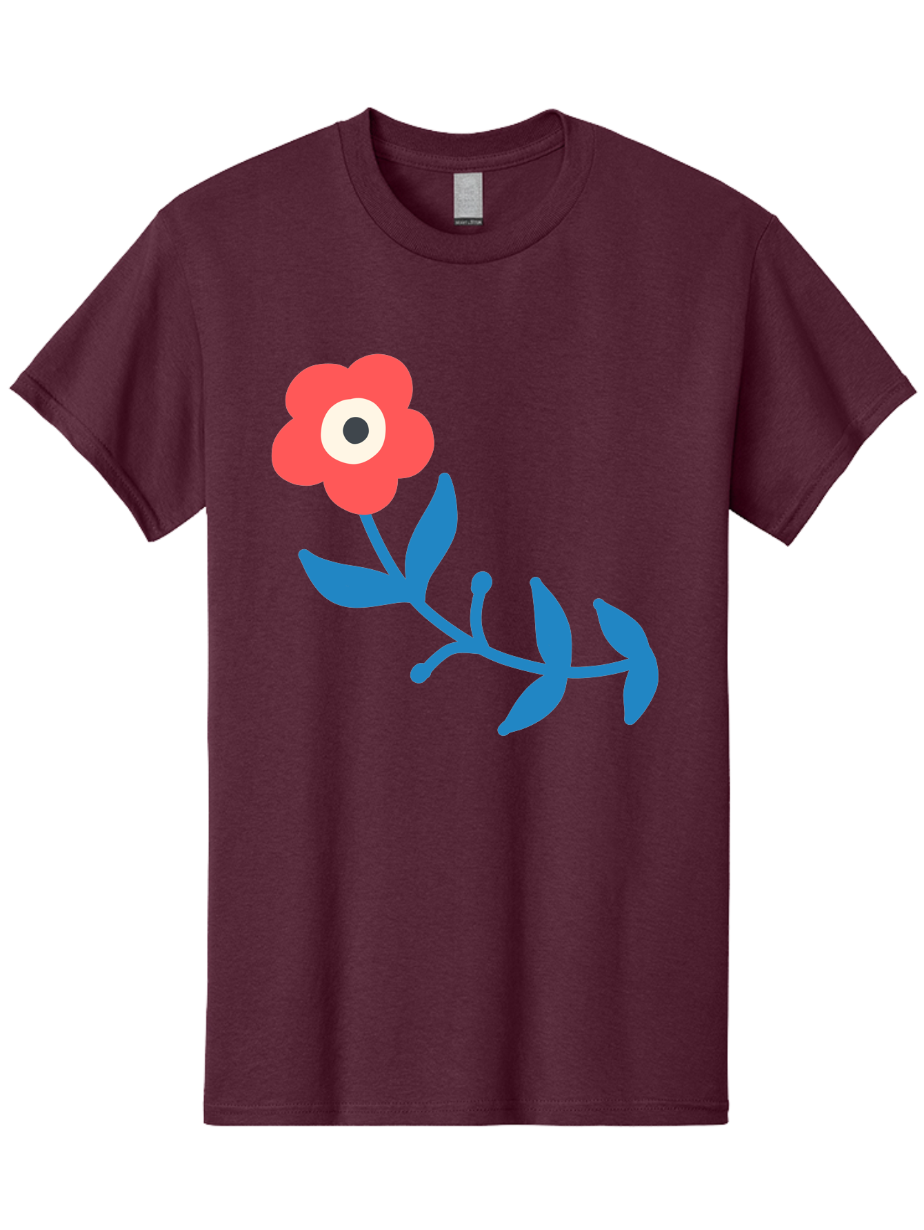 Red-Flower-With-Eye Men'S Graphic Tee, 100% Cotton, Comfortable Casual Summer Wear, Machine Washable, Stylized Red Flower, Blue Leaves, Floral Design, Abstract Art, Surrealism, Creative Expression, Unique Graphic, Simple Shapes, Bold Colors, Aab783