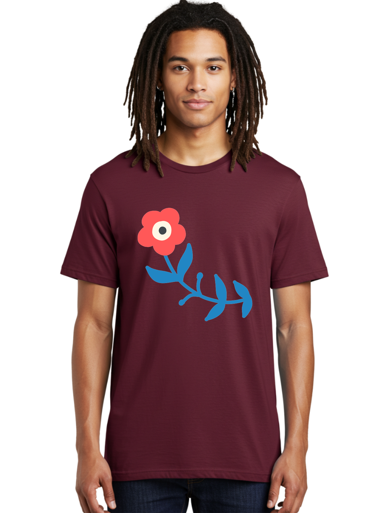 Red-Flower-With-Eye Men'S Graphic Tee, 100% Cotton, Comfortable Casual Summer Wear, Machine Washable, Stylized Red Flower, Blue Leaves, Floral Design, Abstract Art, Surrealism, Creative Expression, Unique Graphic, Simple Shapes, Bold Colors, Aab783