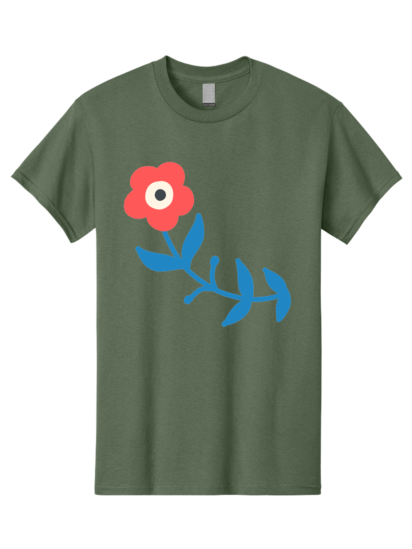 Red-Flower-With-Eye Men'S Graphic Tee, 100% Cotton, Comfortable Casual Summer Wear, Machine Washable, Stylized Red Flower, Blue Leaves, Floral Design, Abstract Art, Surrealism, Creative Expression, Unique Graphic, Simple Shapes, Bold Colors, Aab783