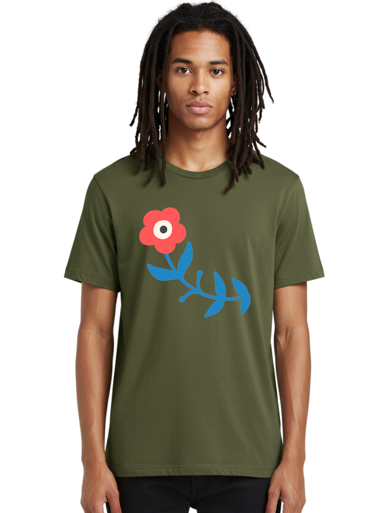 Red-Flower-With-Eye Men'S Graphic Tee, 100% Cotton, Comfortable Casual Summer Wear, Machine Washable, Stylized Red Flower, Blue Leaves, Floral Design, Abstract Art, Surrealism, Creative Expression, Unique Graphic, Simple Shapes, Bold Colors, Aab783