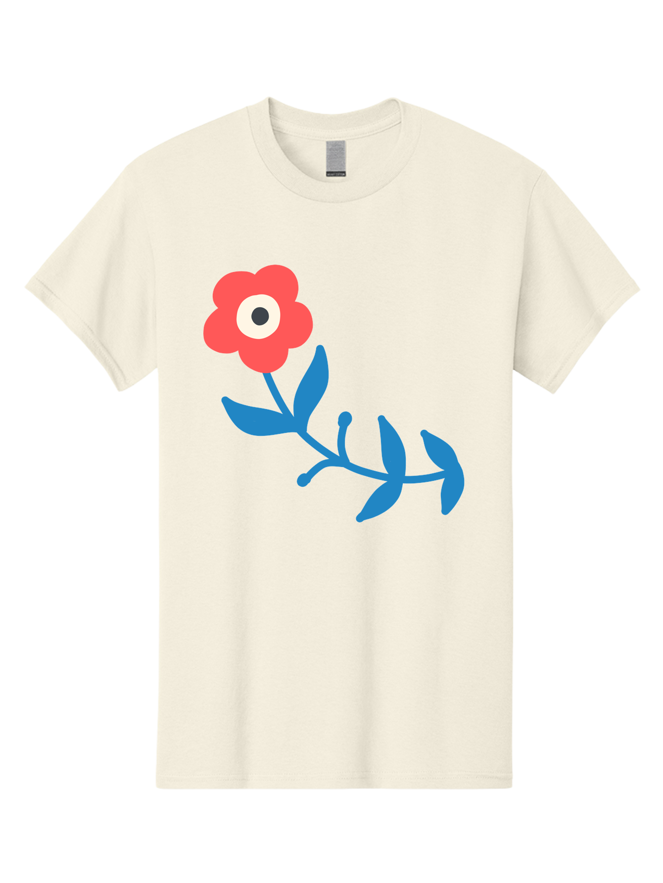 Red-Flower-With-Eye Men'S Graphic Tee, 100% Cotton, Comfortable Casual Summer Wear, Machine Washable, Stylized Red Flower, Blue Leaves, Floral Design, Abstract Art, Surrealism, Creative Expression, Unique Graphic, Simple Shapes, Bold Colors, Aab783