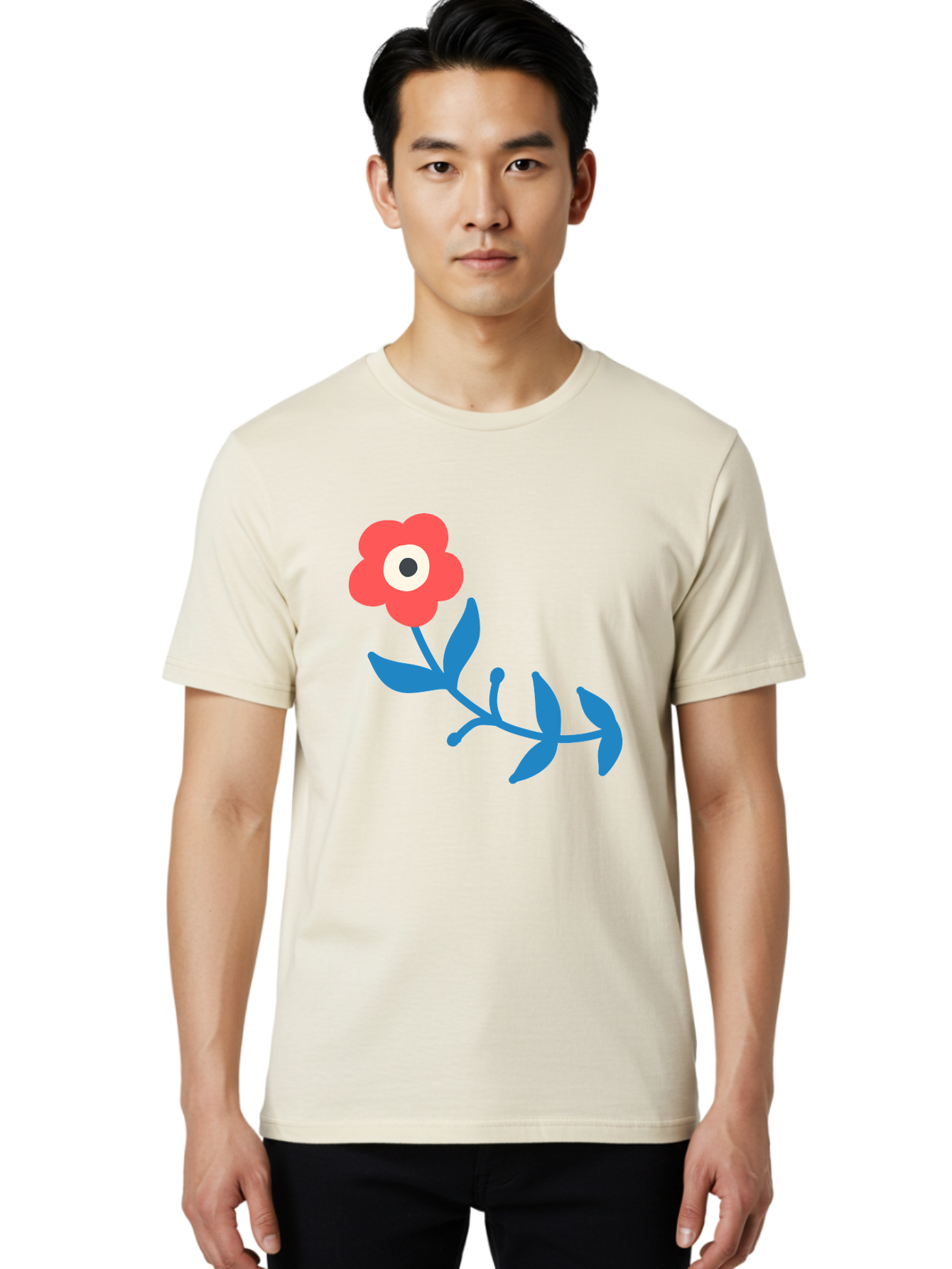 Red-Flower-With-Eye Men'S Graphic Tee, 100% Cotton, Comfortable Casual Summer Wear, Machine Washable, Stylized Red Flower, Blue Leaves, Floral Design, Abstract Art, Surrealism, Creative Expression, Unique Graphic, Simple Shapes, Bold Colors, Aab783