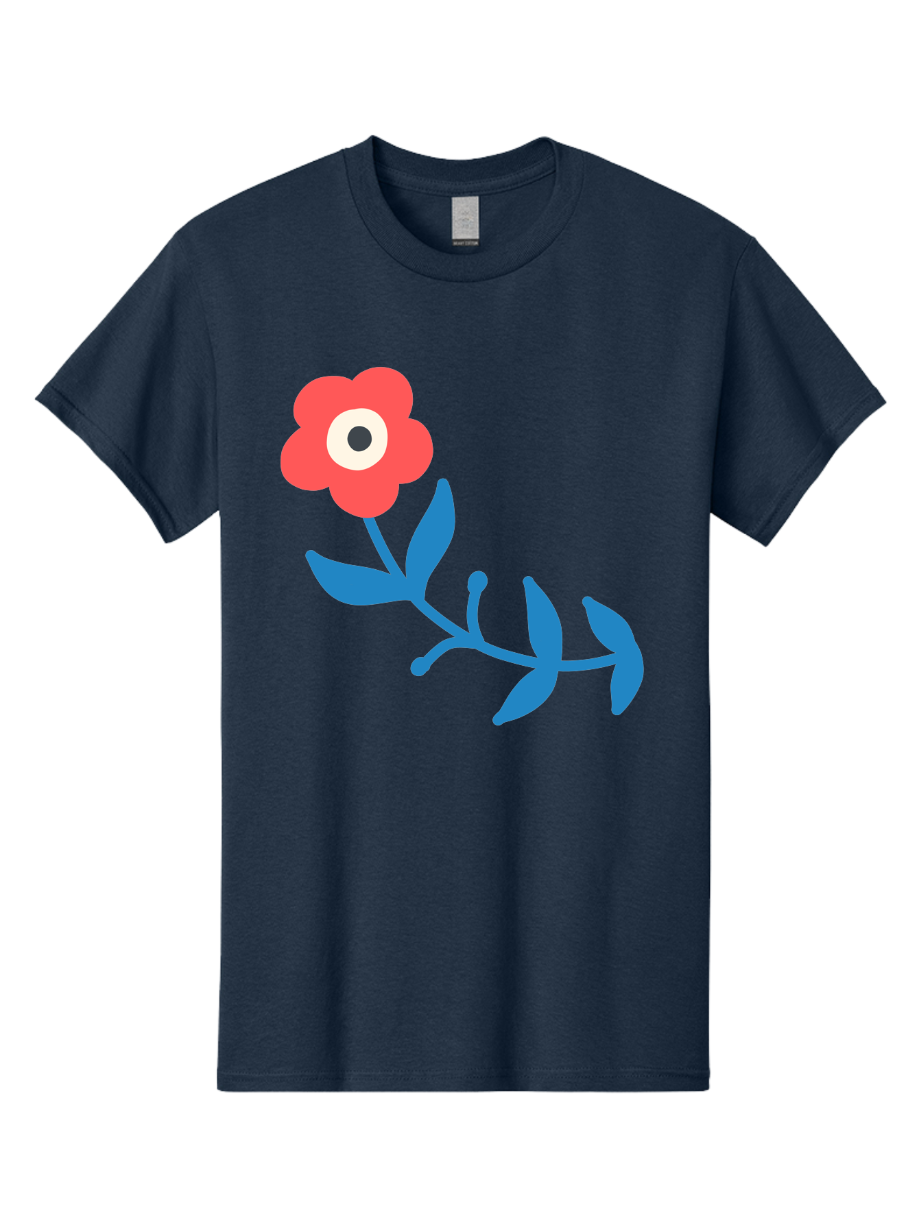 Red-Flower-With-Eye Men'S Graphic Tee, 100% Cotton, Comfortable Casual Summer Wear, Machine Washable, Stylized Red Flower, Blue Leaves, Floral Design, Abstract Art, Surrealism, Creative Expression, Unique Graphic, Simple Shapes, Bold Colors, Aab783