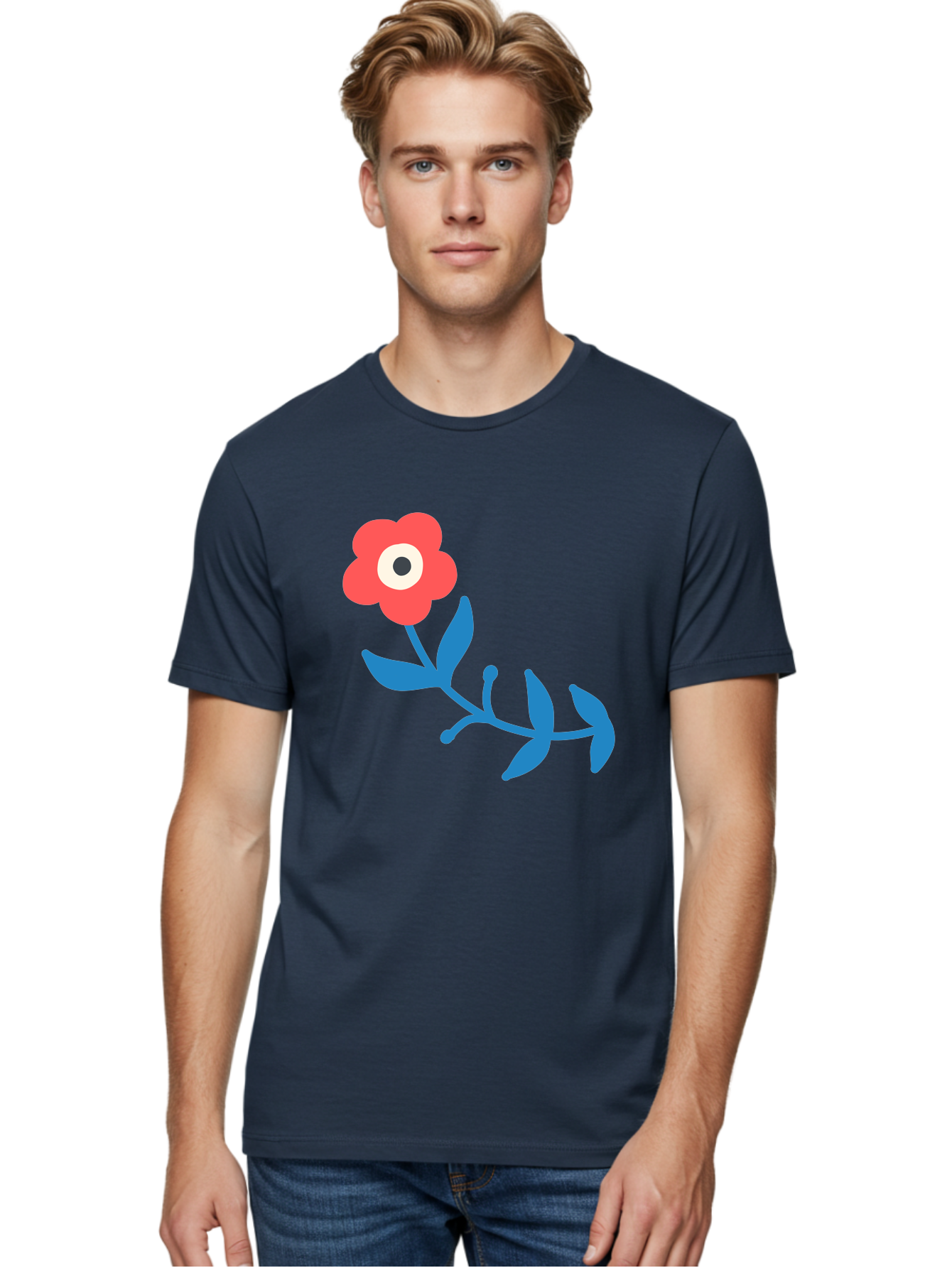 Red-Flower-With-Eye Men'S Graphic Tee, 100% Cotton, Comfortable Casual Summer Wear, Machine Washable, Stylized Red Flower, Blue Leaves, Floral Design, Abstract Art, Surrealism, Creative Expression, Unique Graphic, Simple Shapes, Bold Colors, Aab783
