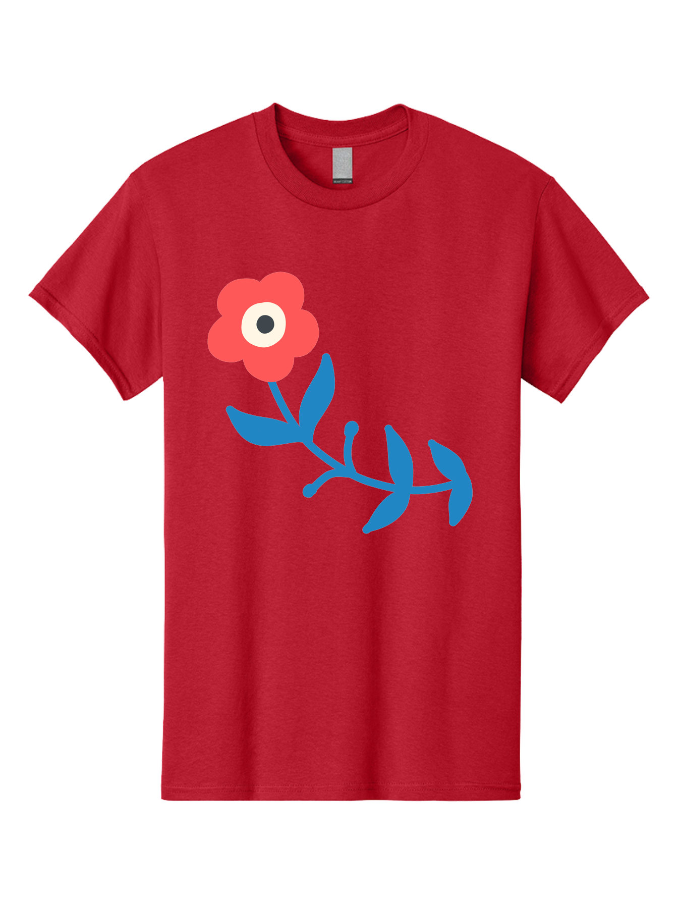 Red-Flower-With-Eye Men'S Graphic Tee, 100% Cotton, Comfortable Casual Summer Wear, Machine Washable, Stylized Red Flower, Blue Leaves, Floral Design, Abstract Art, Surrealism, Creative Expression, Unique Graphic, Simple Shapes, Bold Colors, Aab783