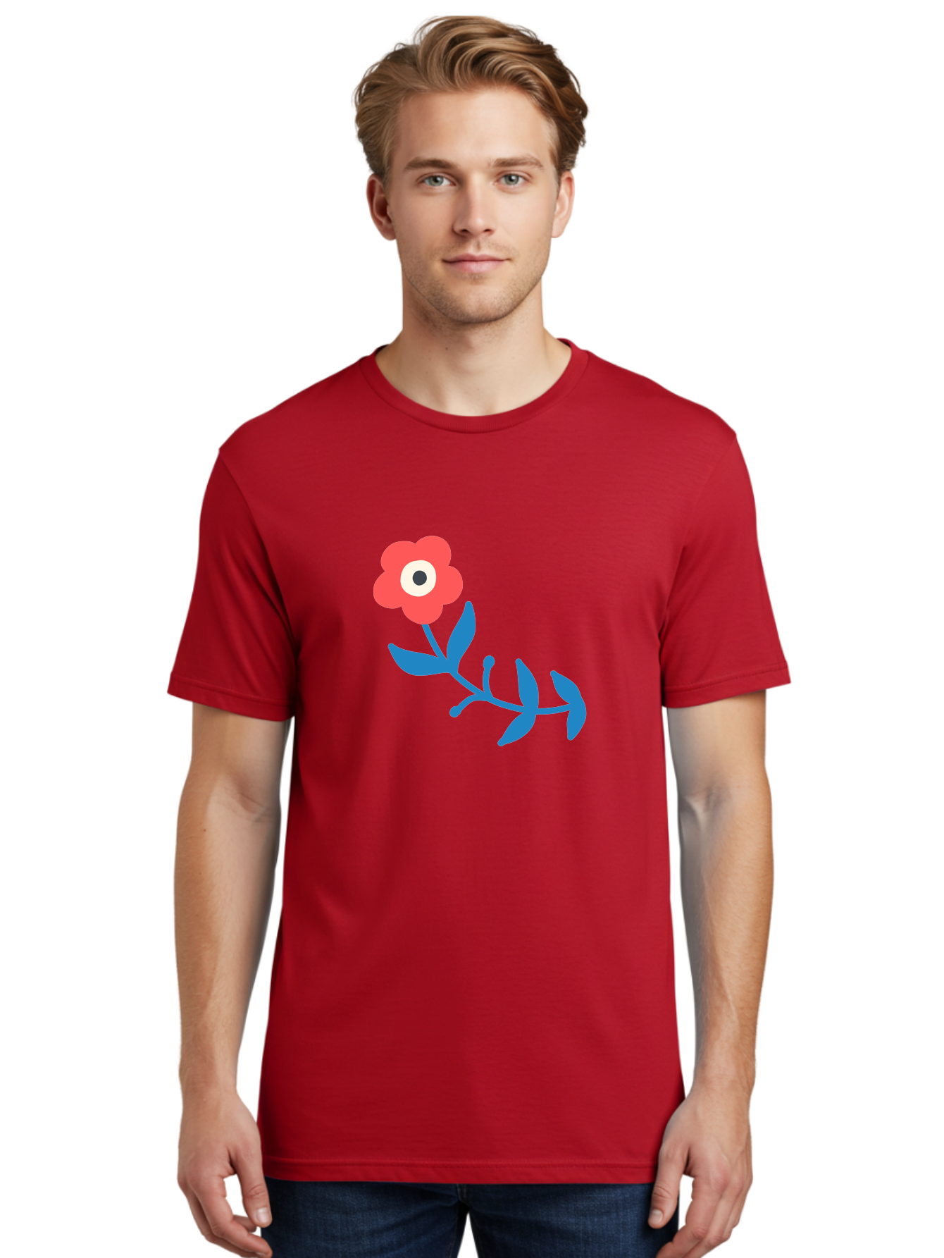 Red-Flower-With-Eye Men'S Graphic Tee, 100% Cotton, Comfortable Casual Summer Wear, Machine Washable, Stylized Red Flower, Blue Leaves, Floral Design, Abstract Art, Surrealism, Creative Expression, Unique Graphic, Simple Shapes, Bold Colors, Aab783