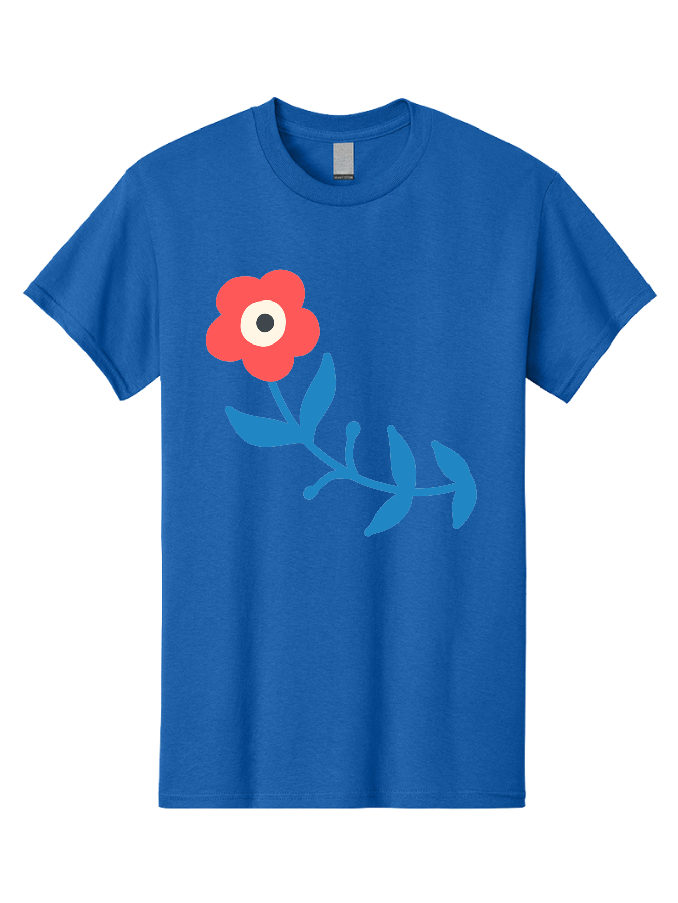 Red-Flower-With-Eye Men'S Graphic Tee, 100% Cotton, Comfortable Casual Summer Wear, Machine Washable, Stylized Red Flower, Blue Leaves, Floral Design, Abstract Art, Surrealism, Creative Expression, Unique Graphic, Simple Shapes, Bold Colors, Aab783