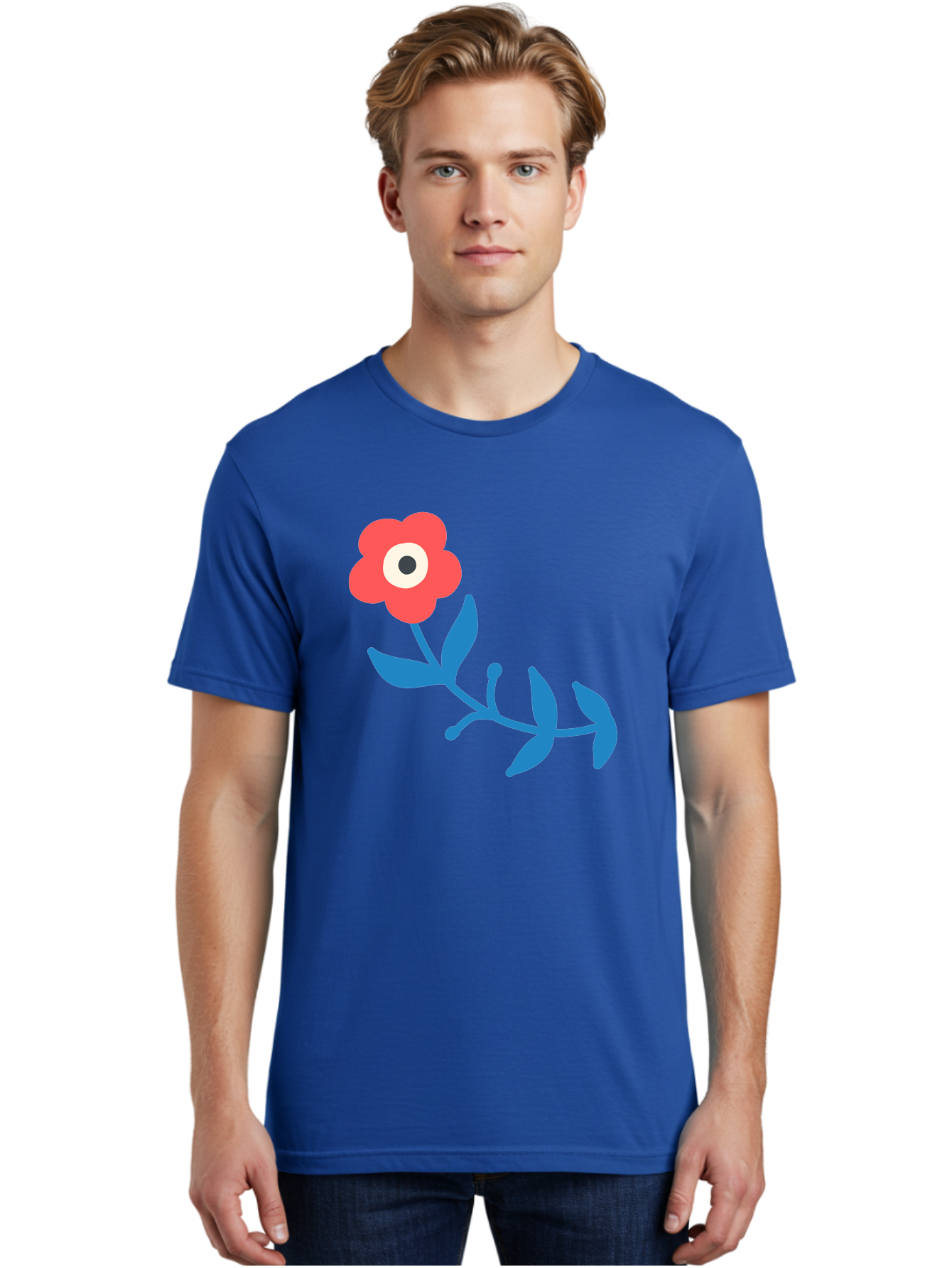 Red-Flower-With-Eye Men'S Graphic Tee, 100% Cotton, Comfortable Casual Summer Wear, Machine Washable, Stylized Red Flower, Blue Leaves, Floral Design, Abstract Art, Surrealism, Creative Expression, Unique Graphic, Simple Shapes, Bold Colors, Aab783