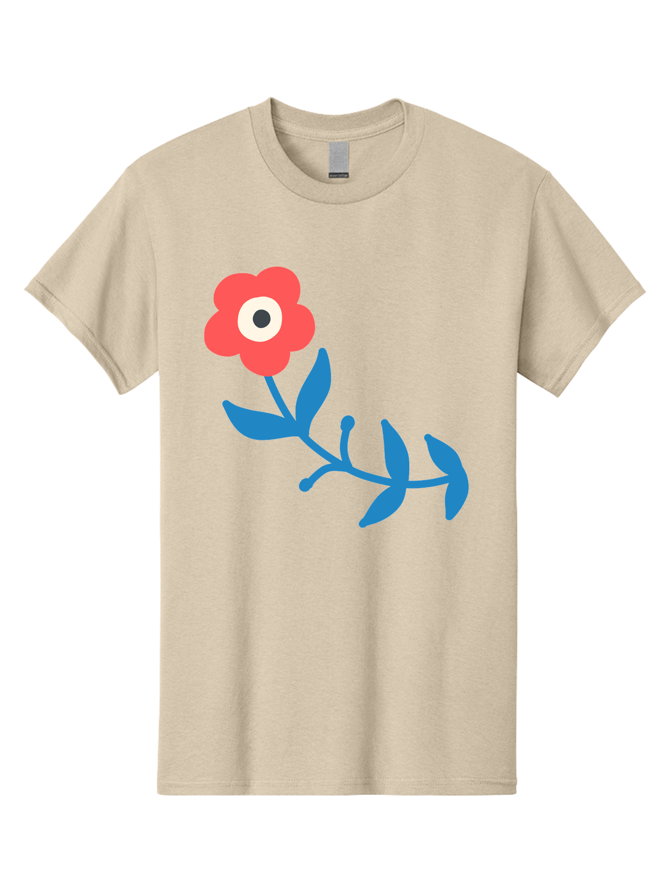 Red-Flower-With-Eye Men'S Graphic Tee, 100% Cotton, Comfortable Casual Summer Wear, Machine Washable, Stylized Red Flower, Blue Leaves, Floral Design, Abstract Art, Surrealism, Creative Expression, Unique Graphic, Simple Shapes, Bold Colors, Aab783