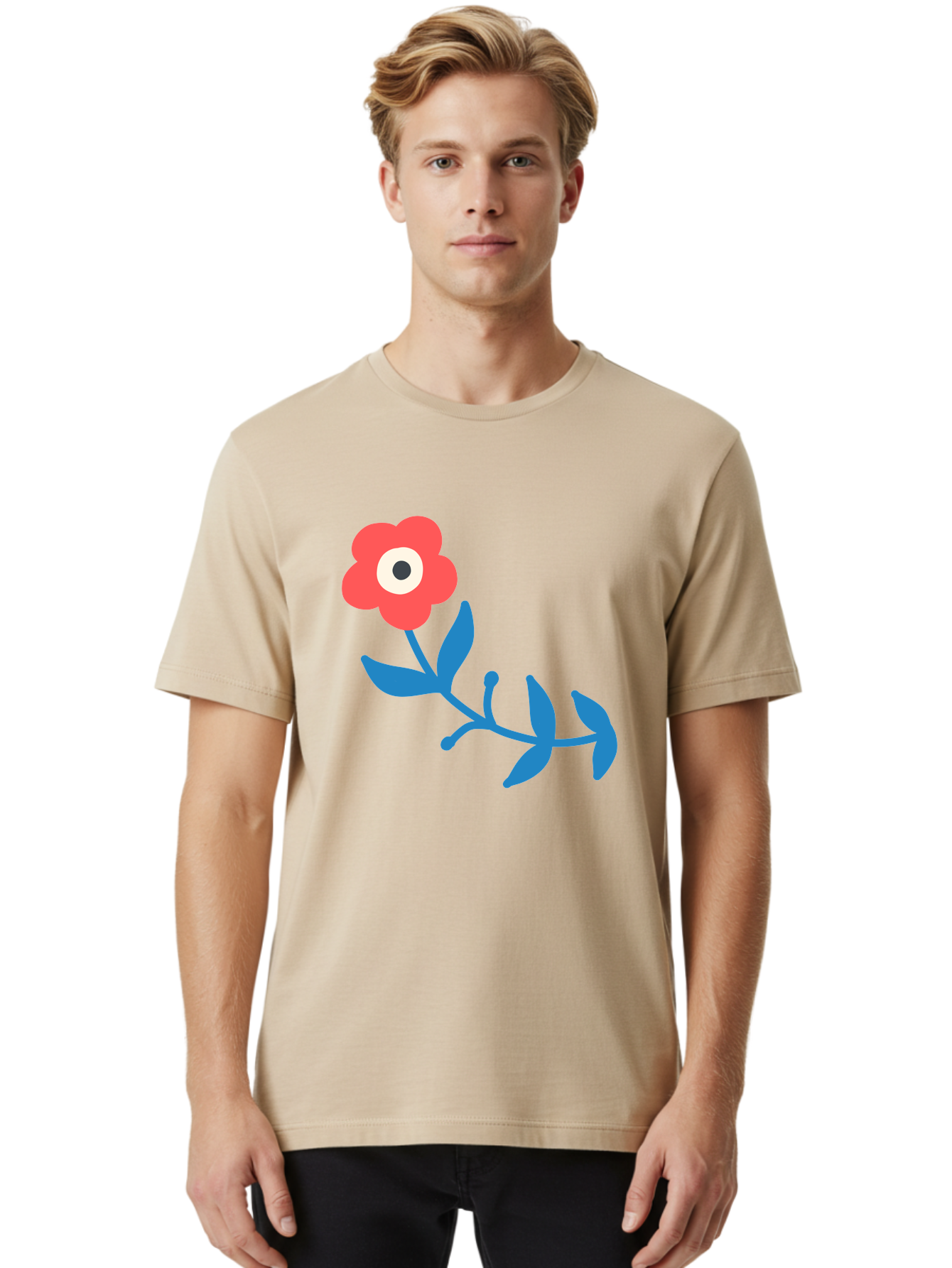 Red-Flower-With-Eye Men'S Graphic Tee, 100% Cotton, Comfortable Casual Summer Wear, Machine Washable, Stylized Red Flower, Blue Leaves, Floral Design, Abstract Art, Surrealism, Creative Expression, Unique Graphic, Simple Shapes, Bold Colors, Aab783
