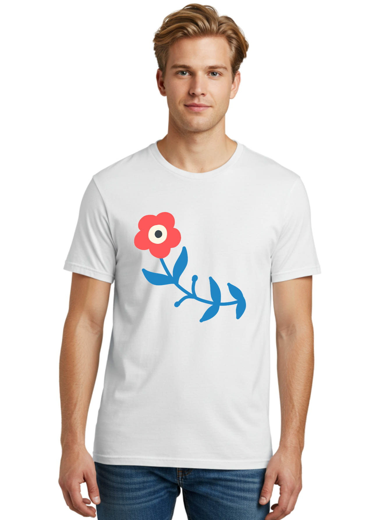 Red-Flower-With-Eye Men'S Graphic Tee, 100% Cotton, Comfortable Casual Summer Wear, Machine Washable, Stylized Red Flower, Blue Leaves, Floral Design, Abstract Art, Surrealism, Creative Expression, Unique Graphic, Simple Shapes, Bold Colors, Aab783