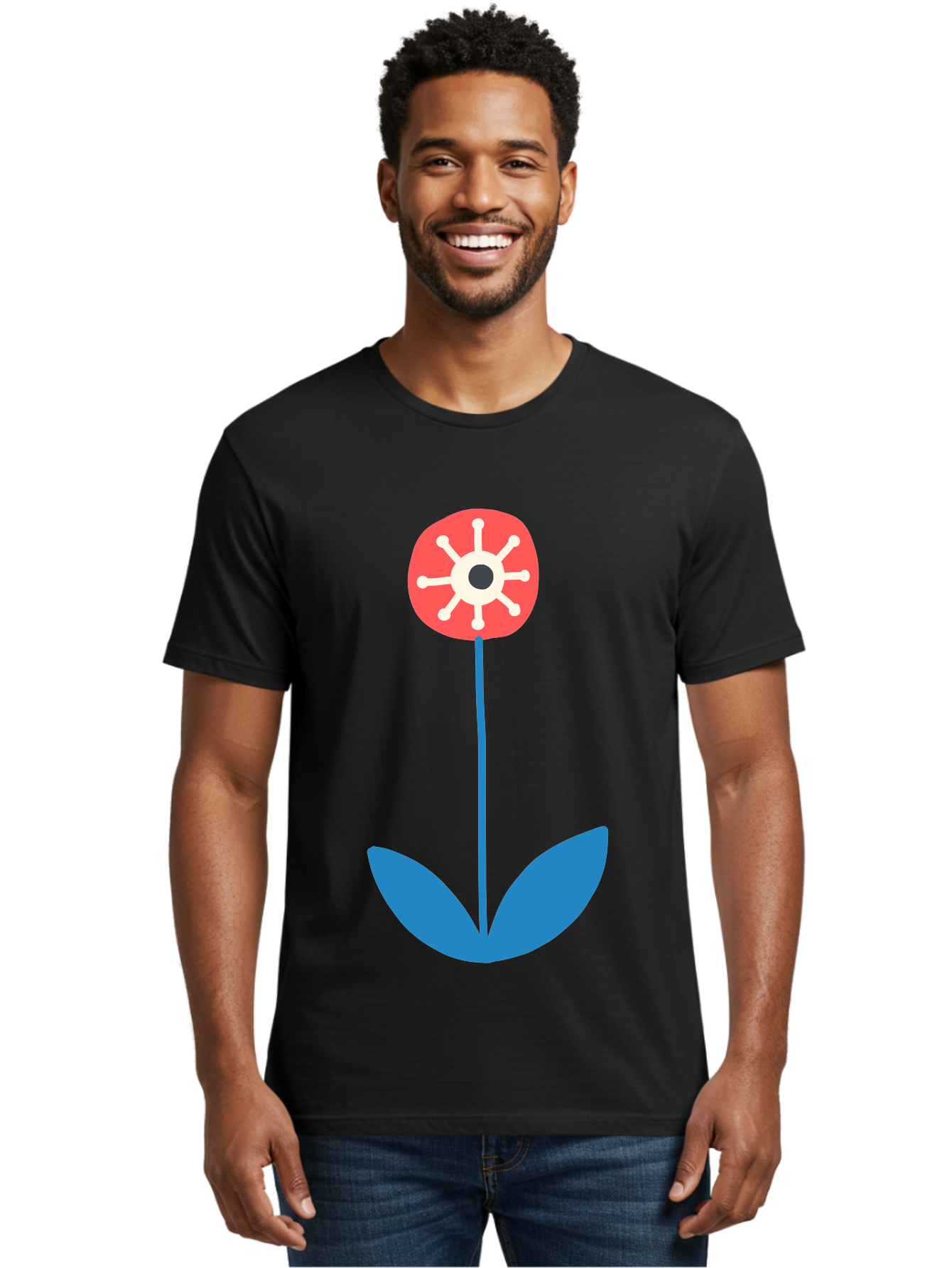 Red-Flower Men'S Graphic Tee, 100% Cotton, Comfortable Casual Summer Wear, Machine Washable, Simple Flower Design, Minimalist Art, Red Flower, Blue Leaves, White Petals, Graphic Illustration, Modern Style, Symbolic Flower, Aab784