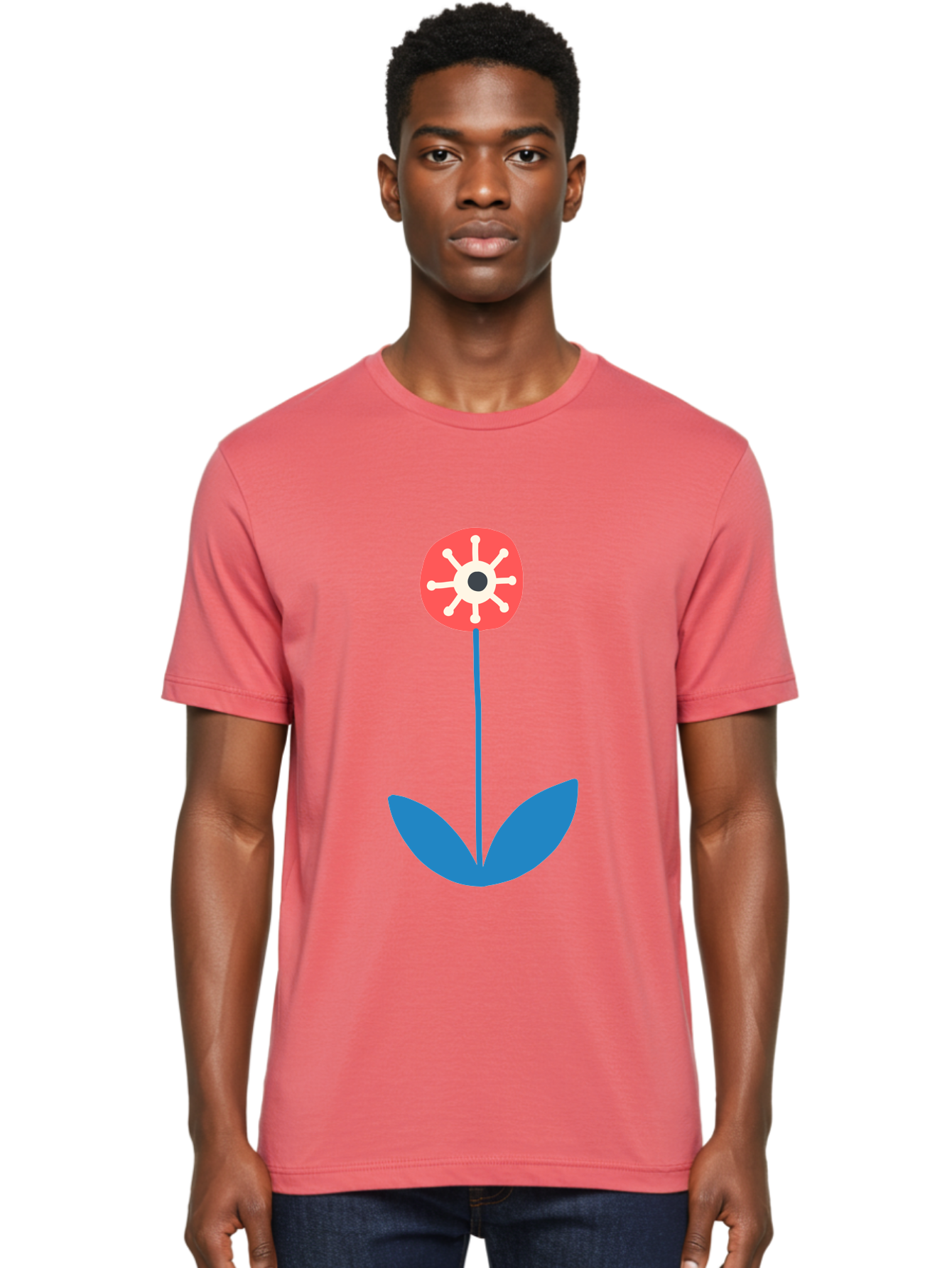 Red-Flower Men'S Graphic Tee, 100% Cotton, Comfortable Casual Summer Wear, Machine Washable, Simple Flower Design, Minimalist Art, Red Flower, Blue Leaves, White Petals, Graphic Illustration, Modern Style, Symbolic Flower, Aab784