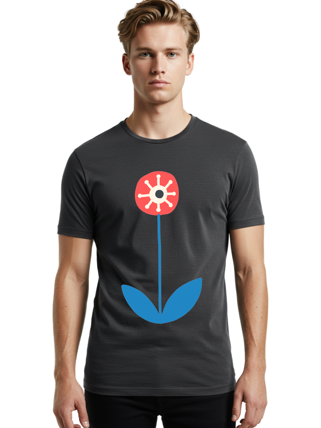 Red-Flower Men'S Graphic Tee, 100% Cotton, Comfortable Casual Summer Wear, Machine Washable, Simple Flower Design, Minimalist Art, Red Flower, Blue Leaves, White Petals, Graphic Illustration, Modern Style, Symbolic Flower, Aab784