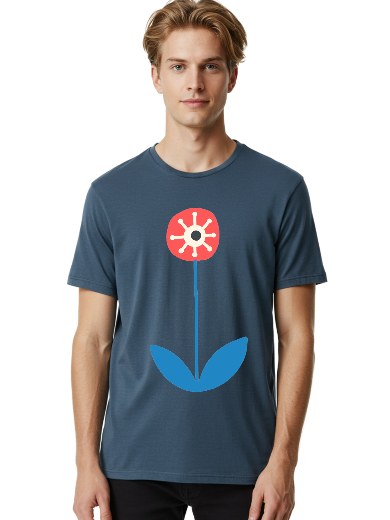 Red-Flower Men'S Graphic Tee, 100% Cotton, Comfortable Casual Summer Wear, Machine Washable, Simple Flower Design, Minimalist Art, Red Flower, Blue Leaves, White Petals, Graphic Illustration, Modern Style, Symbolic Flower, Aab784