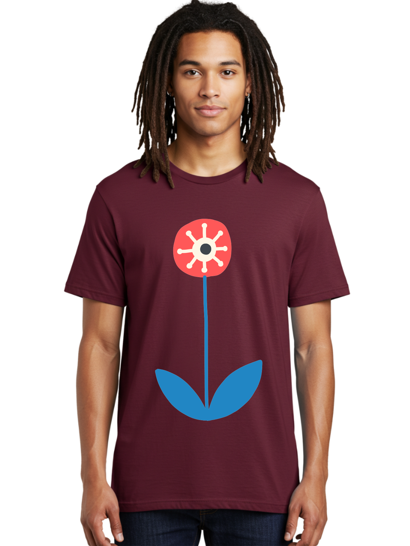 Red-Flower Men'S Graphic Tee, 100% Cotton, Comfortable Casual Summer Wear, Machine Washable, Simple Flower Design, Minimalist Art, Red Flower, Blue Leaves, White Petals, Graphic Illustration, Modern Style, Symbolic Flower, Aab784