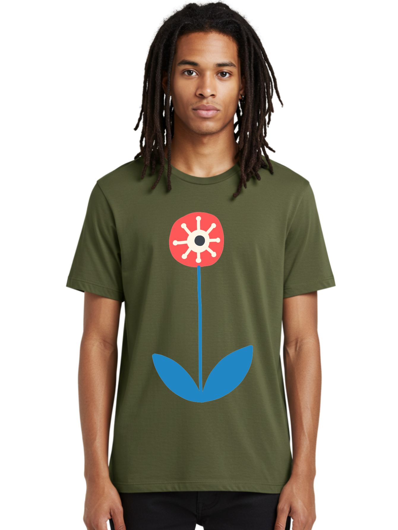 Red-Flower Men'S Graphic Tee, 100% Cotton, Comfortable Casual Summer Wear, Machine Washable, Simple Flower Design, Minimalist Art, Red Flower, Blue Leaves, White Petals, Graphic Illustration, Modern Style, Symbolic Flower, Aab784