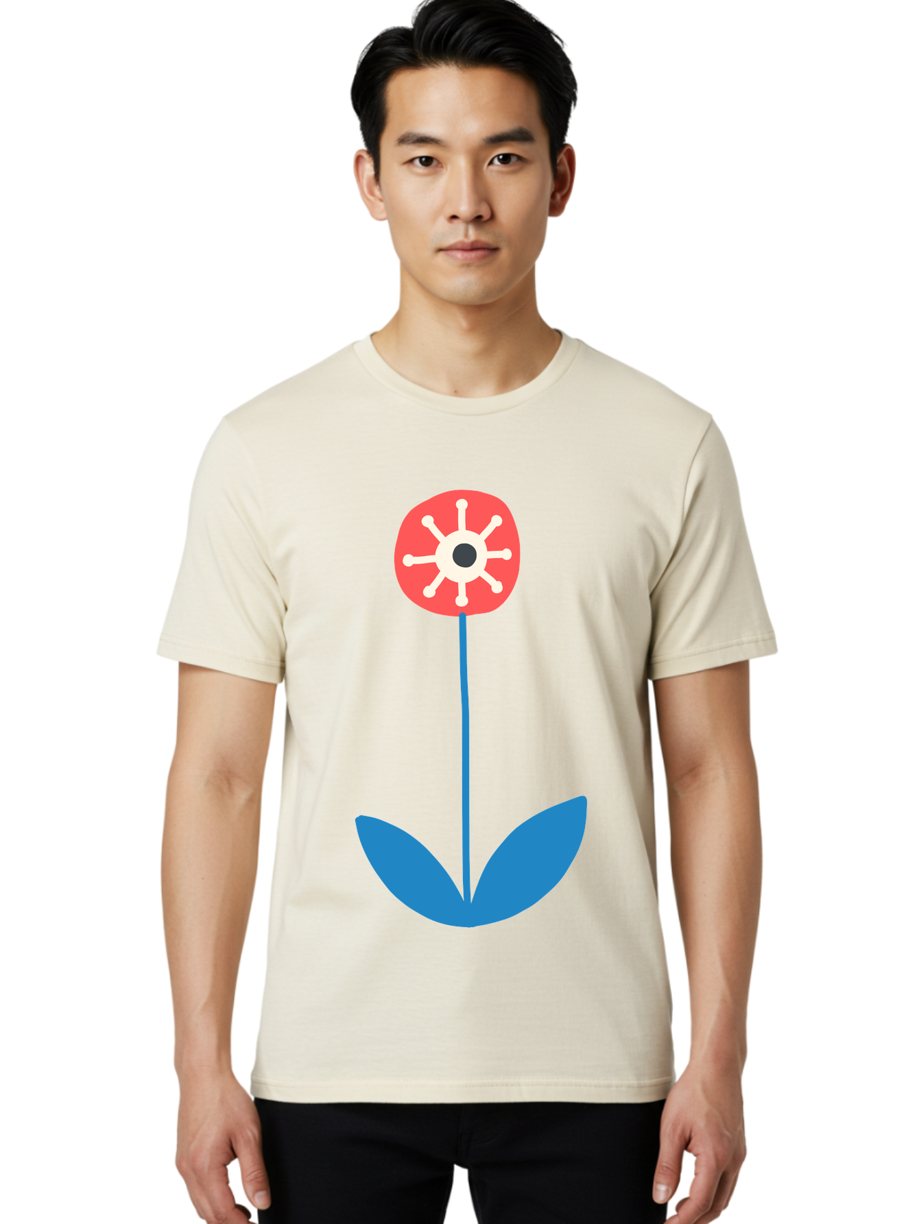 Red-Flower Men'S Graphic Tee, 100% Cotton, Comfortable Casual Summer Wear, Machine Washable, Simple Flower Design, Minimalist Art, Red Flower, Blue Leaves, White Petals, Graphic Illustration, Modern Style, Symbolic Flower, Aab784