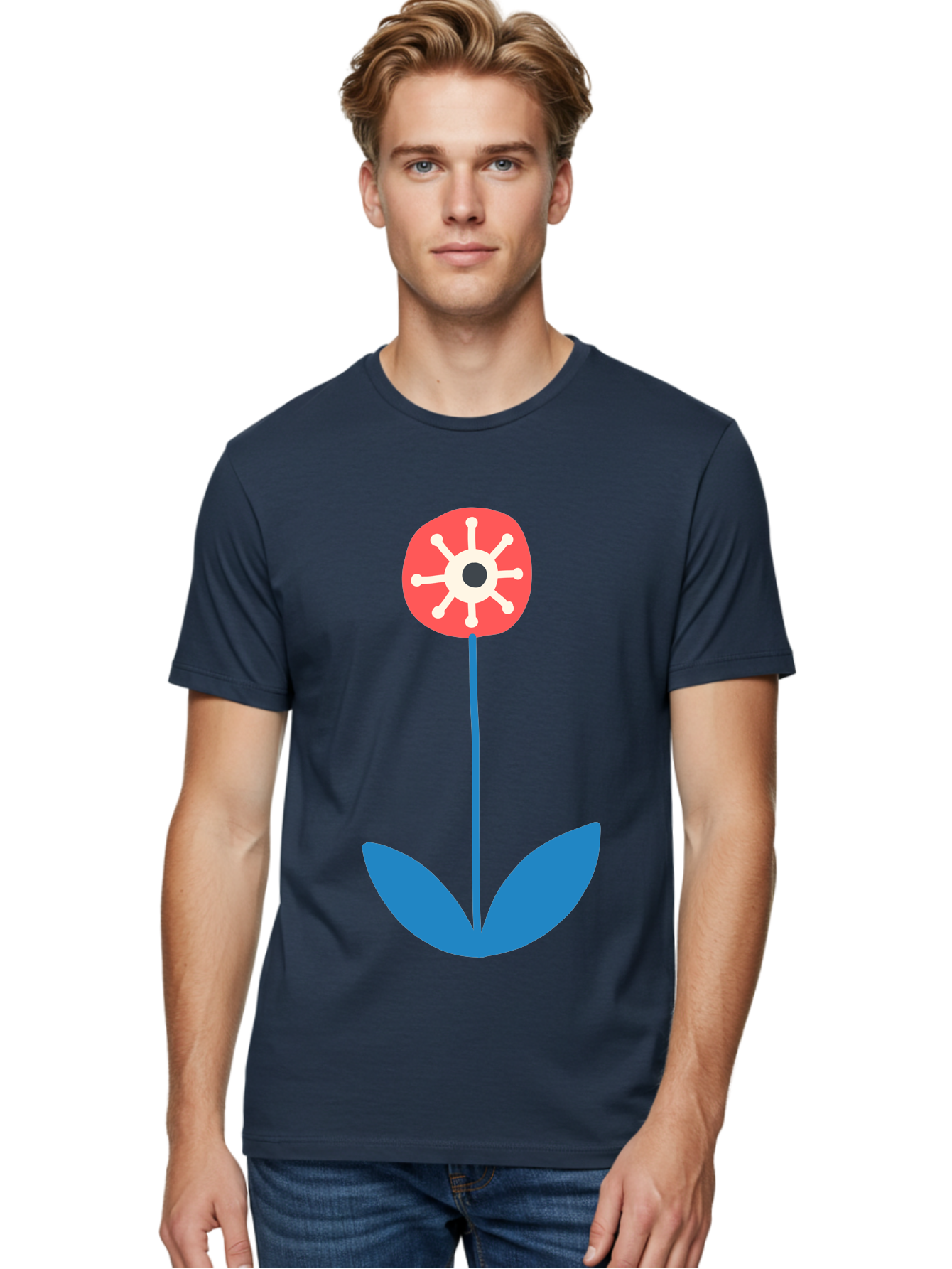Red-Flower Men'S Graphic Tee, 100% Cotton, Comfortable Casual Summer Wear, Machine Washable, Simple Flower Design, Minimalist Art, Red Flower, Blue Leaves, White Petals, Graphic Illustration, Modern Style, Symbolic Flower, Aab784