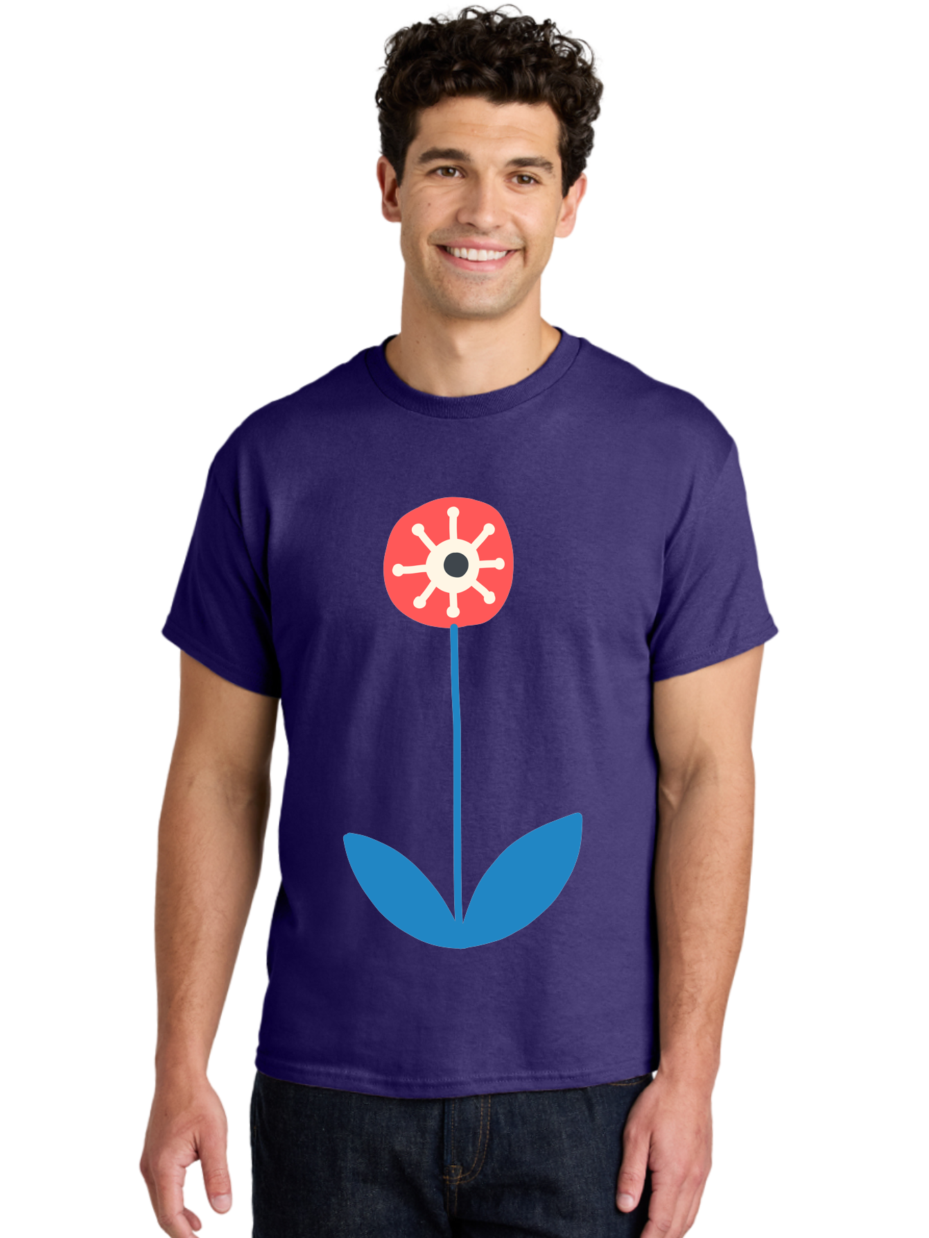 Red-Flower Men'S Graphic Tee, 100% Cotton, Comfortable Casual Summer Wear, Machine Washable, Simple Flower Design, Minimalist Art, Red Flower, Blue Leaves, White Petals, Graphic Illustration, Modern Style, Symbolic Flower, Aab784