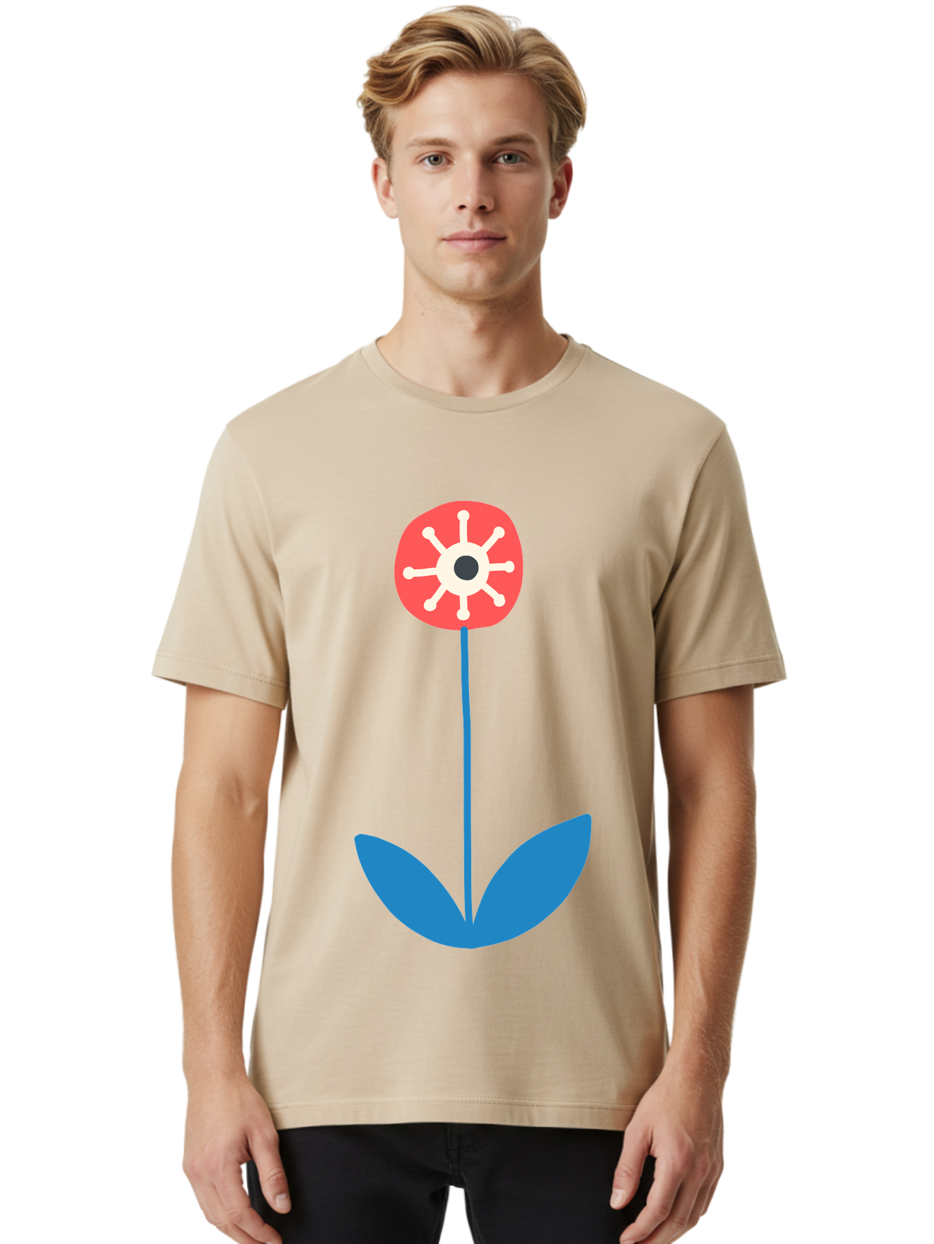 Red-Flower Men'S Graphic Tee, 100% Cotton, Comfortable Casual Summer Wear, Machine Washable, Simple Flower Design, Minimalist Art, Red Flower, Blue Leaves, White Petals, Graphic Illustration, Modern Style, Symbolic Flower, Aab784