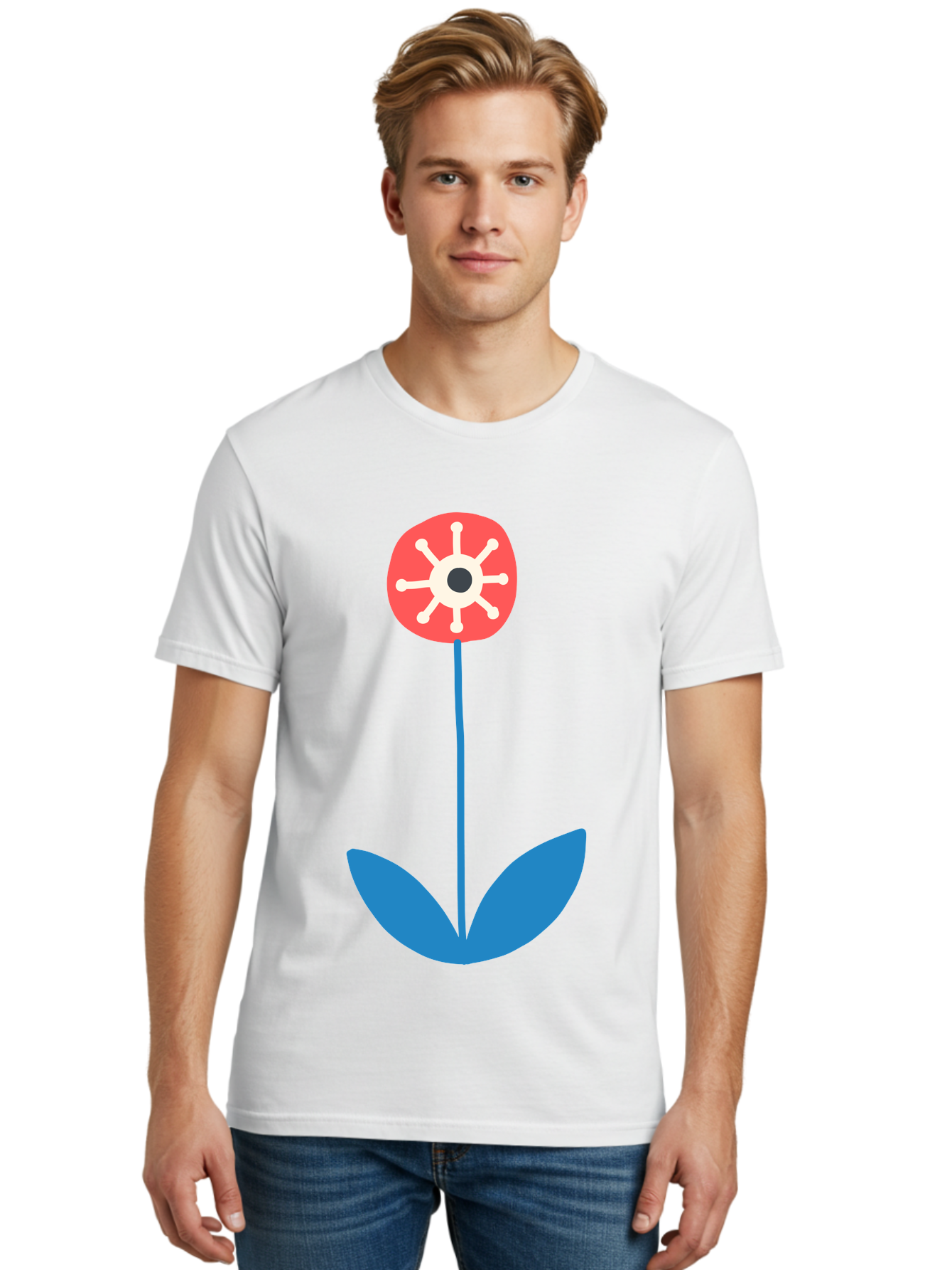 Red-Flower Men'S Graphic Tee, 100% Cotton, Comfortable Casual Summer Wear, Machine Washable, Simple Flower Design, Minimalist Art, Red Flower, Blue Leaves, White Petals, Graphic Illustration, Modern Style, Symbolic Flower, Aab784