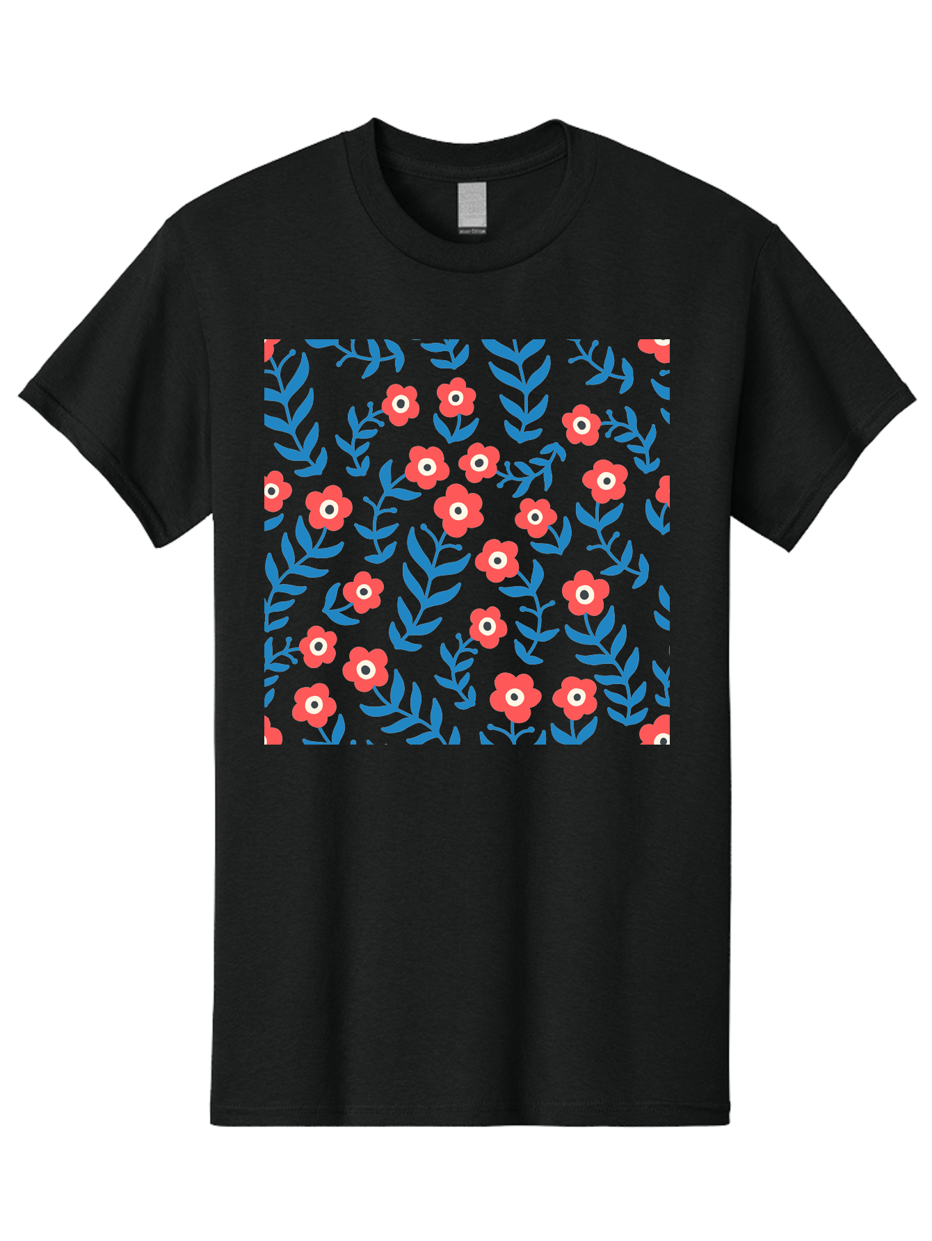 Red-Flowers-With-Blue-Leaves Men'S Graphic Tee, 100% Cotton, Comfortable Casual Summer Wear, Machine Washable, Red Flowers, Blue Leaves, Floral Pattern, Repeating Design, Vibrant Colors, Stylized Blooms, Abstract Flowers, Digital Art Aab785