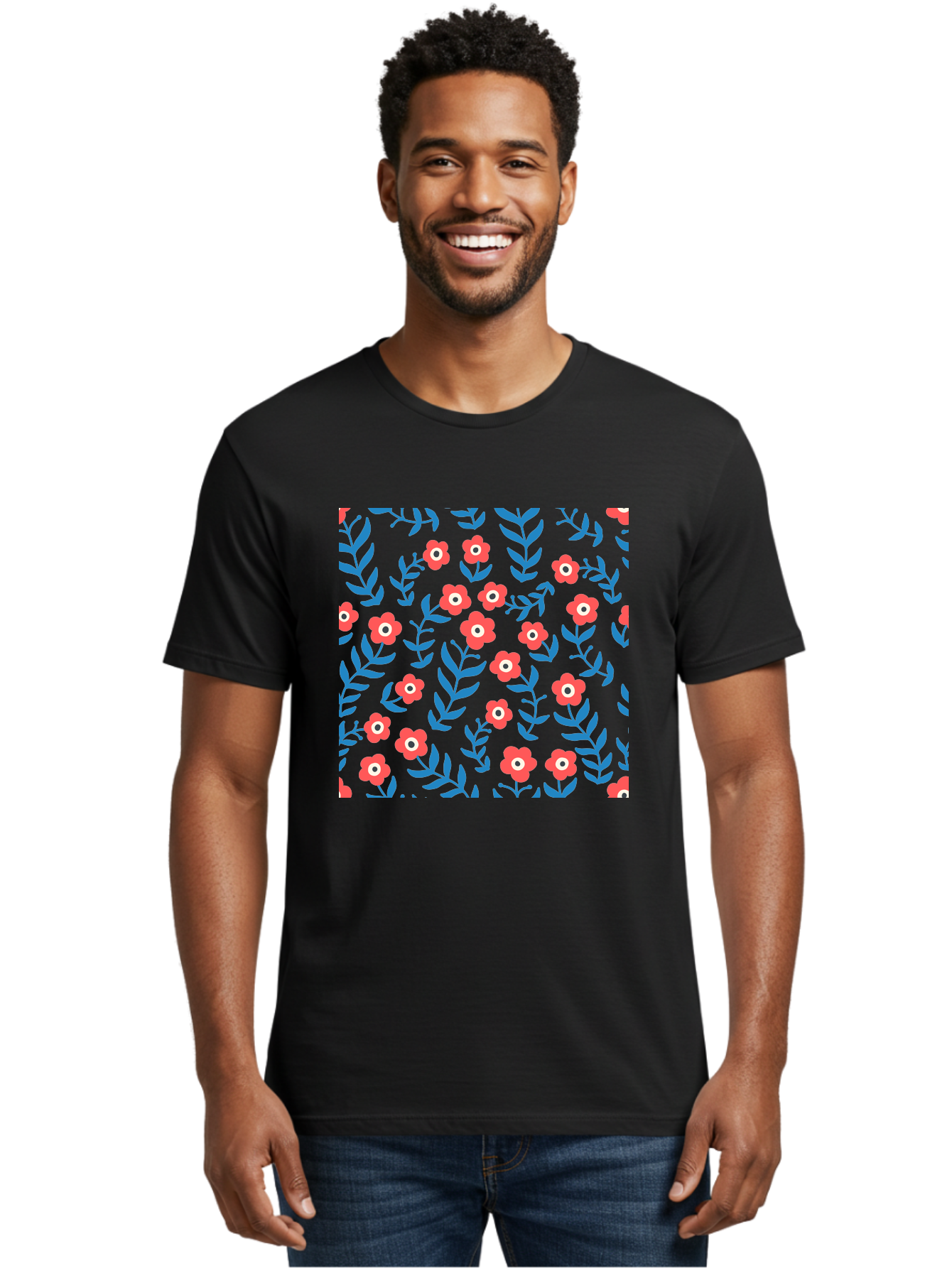 Red-Flowers-With-Blue-Leaves Men'S Graphic Tee, 100% Cotton, Comfortable Casual Summer Wear, Machine Washable, Red Flowers, Blue Leaves, Floral Pattern, Repeating Design, Vibrant Colors, Stylized Blooms, Abstract Flowers, Digital Art Aab785