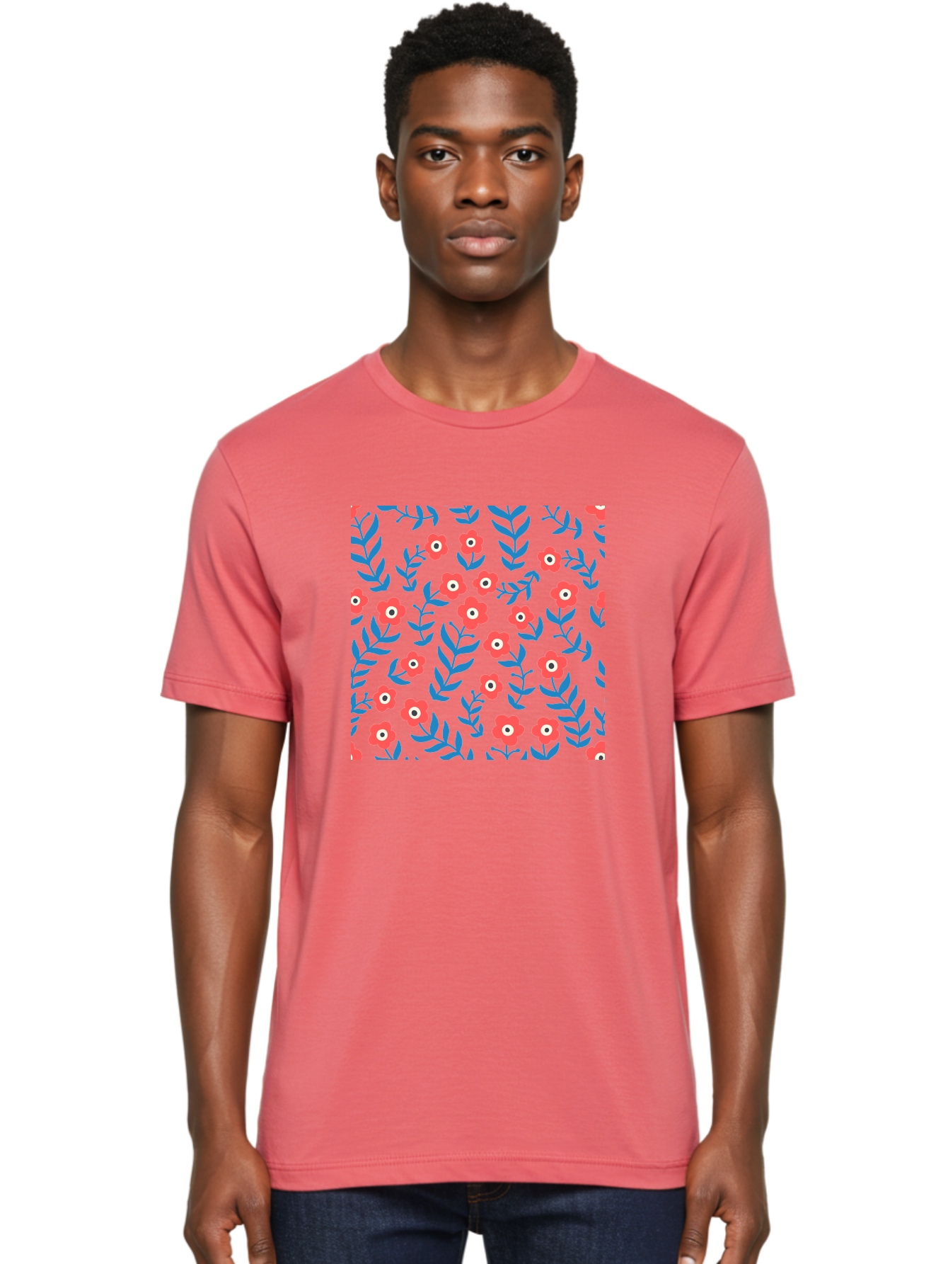 Red-Flowers-With-Blue-Leaves Men'S Graphic Tee, 100% Cotton, Comfortable Casual Summer Wear, Machine Washable, Red Flowers, Blue Leaves, Floral Pattern, Repeating Design, Vibrant Colors, Stylized Blooms, Abstract Flowers, Digital Art Aab785