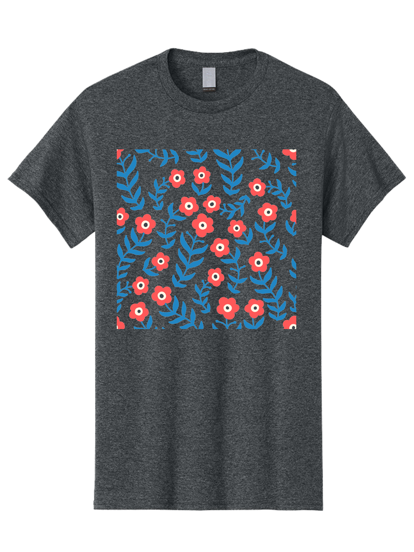 Red-Flowers-With-Blue-Leaves Men'S Graphic Tee, 100% Cotton, Comfortable Casual Summer Wear, Machine Washable, Red Flowers, Blue Leaves, Floral Pattern, Repeating Design, Vibrant Colors, Stylized Blooms, Abstract Flowers, Digital Art Aab785