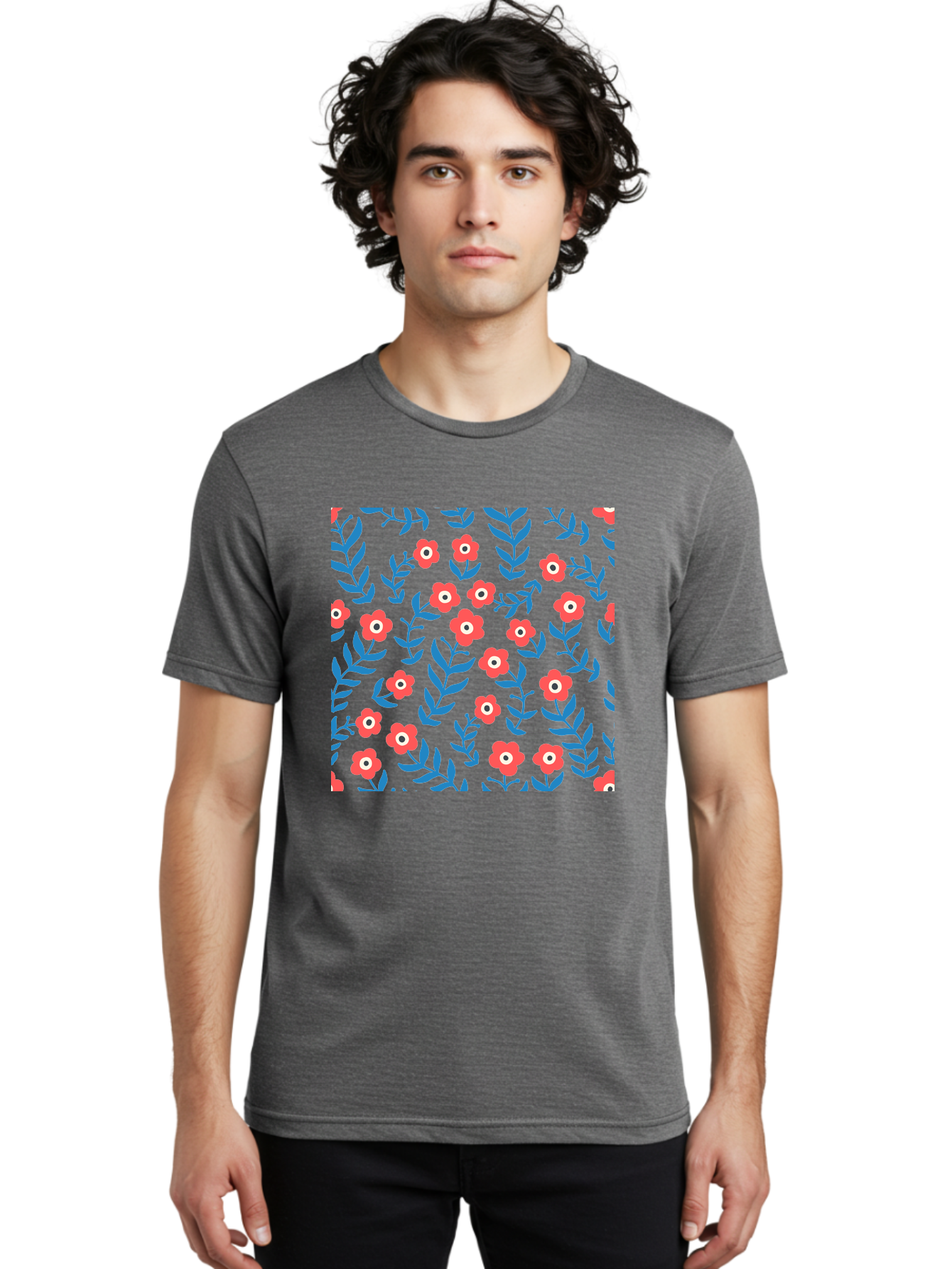 Red-Flowers-With-Blue-Leaves Men'S Graphic Tee, 100% Cotton, Comfortable Casual Summer Wear, Machine Washable, Red Flowers, Blue Leaves, Floral Pattern, Repeating Design, Vibrant Colors, Stylized Blooms, Abstract Flowers, Digital Art Aab785