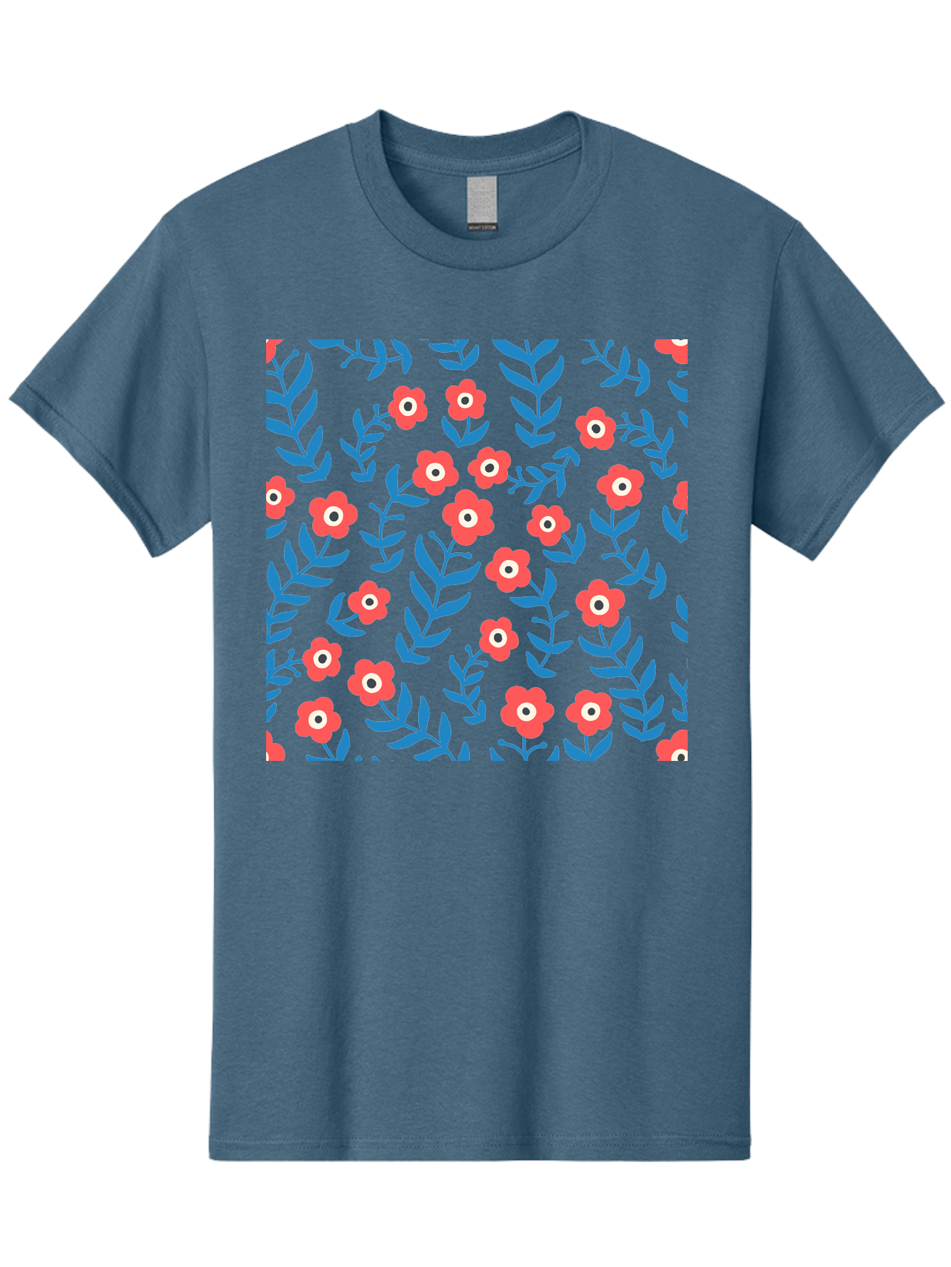 Red-Flowers-With-Blue-Leaves Men'S Graphic Tee, 100% Cotton, Comfortable Casual Summer Wear, Machine Washable, Red Flowers, Blue Leaves, Floral Pattern, Repeating Design, Vibrant Colors, Stylized Blooms, Abstract Flowers, Digital Art Aab785
