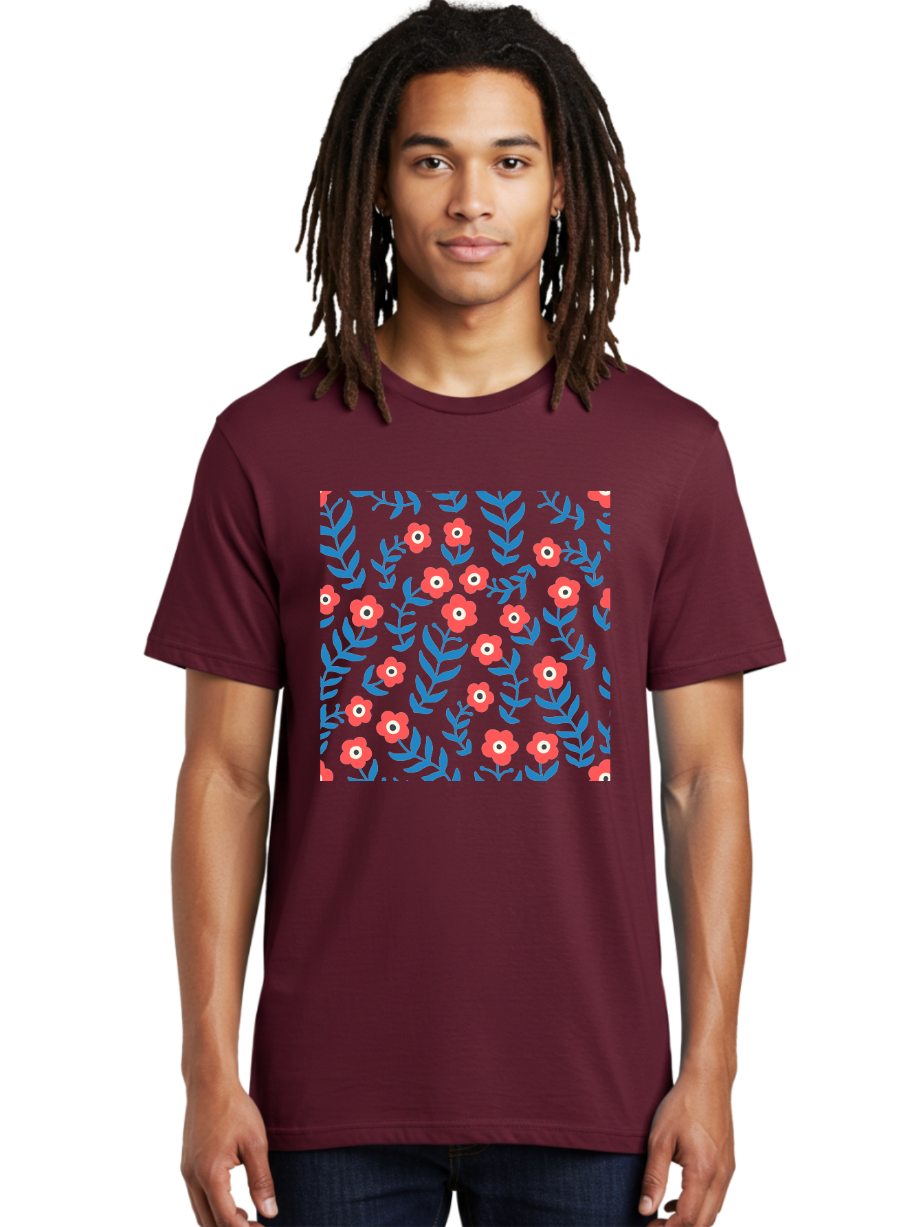 Red-Flowers-With-Blue-Leaves Men'S Graphic Tee, 100% Cotton, Comfortable Casual Summer Wear, Machine Washable, Red Flowers, Blue Leaves, Floral Pattern, Repeating Design, Vibrant Colors, Stylized Blooms, Abstract Flowers, Digital Art Aab785